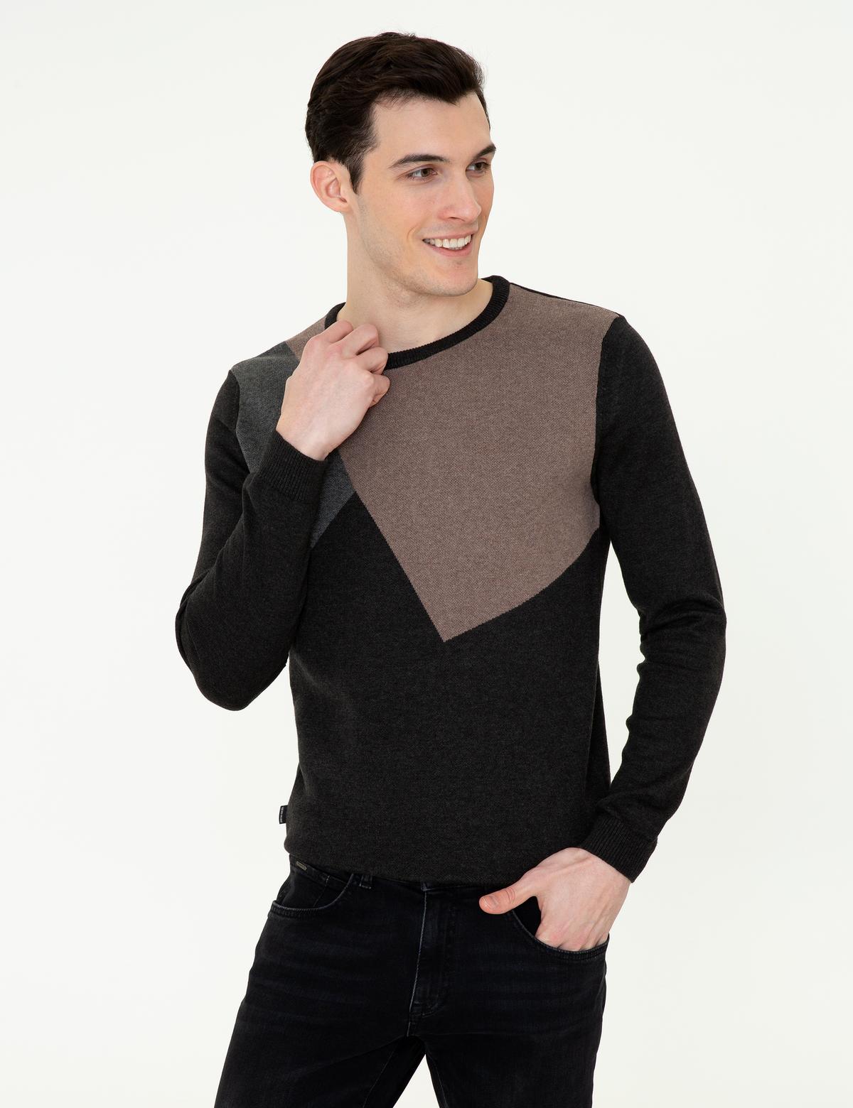 Gri Melanj Slim Fit Bisiklet Yaka Triko Kazak - 50248621017