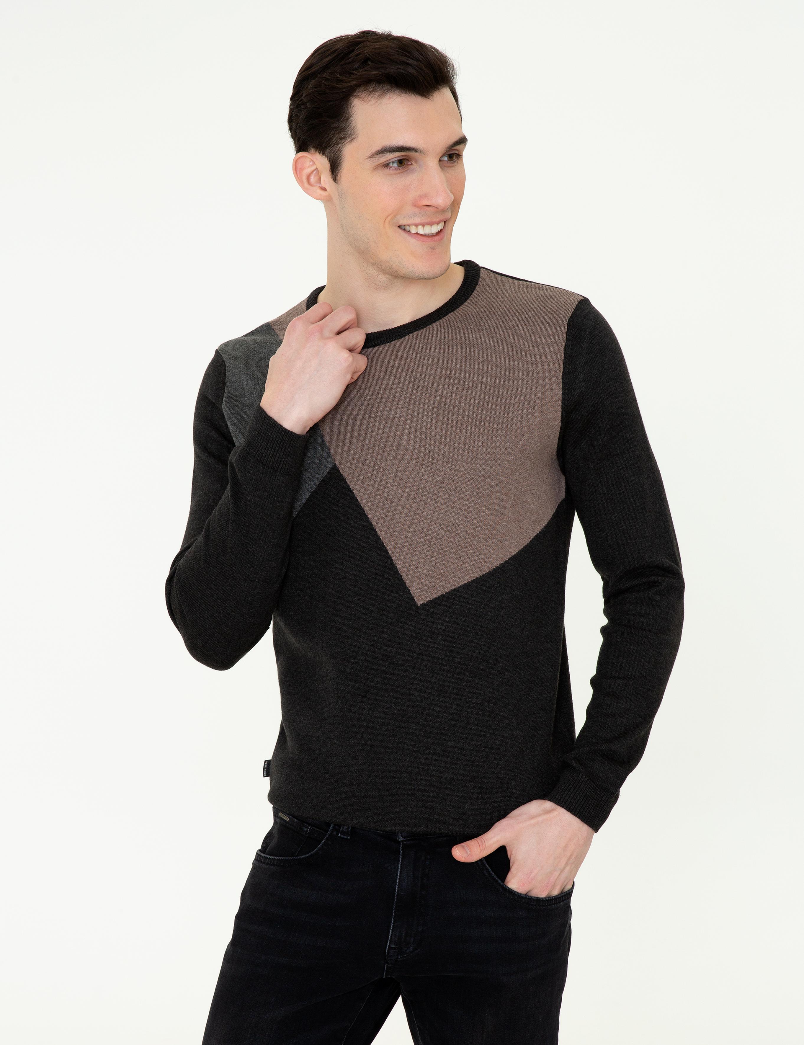 Gri Melanj Slim Fit Bisiklet Yaka Triko Kazak