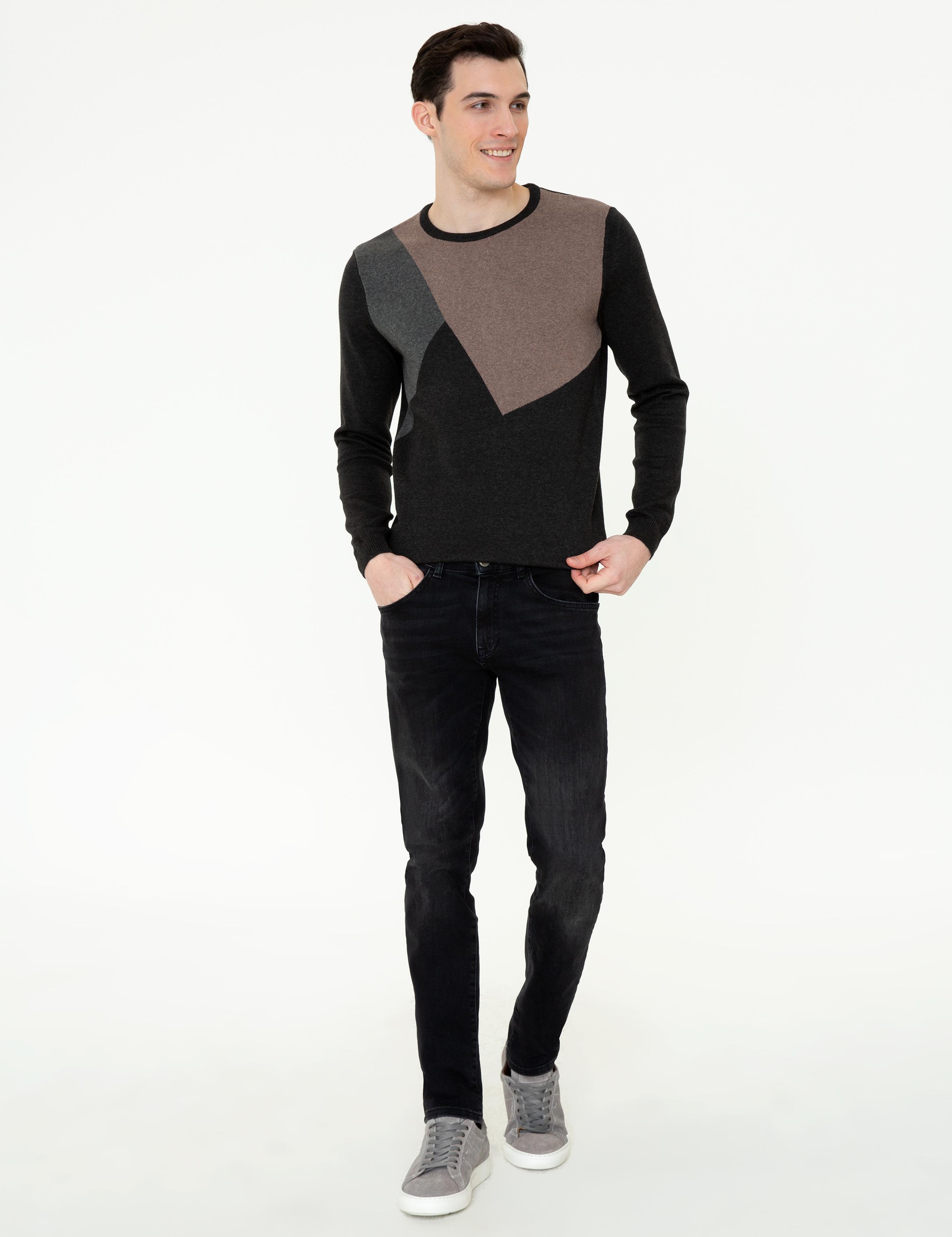 Gri Melanj Slim Fit Bisiklet Yaka Triko Kazak
