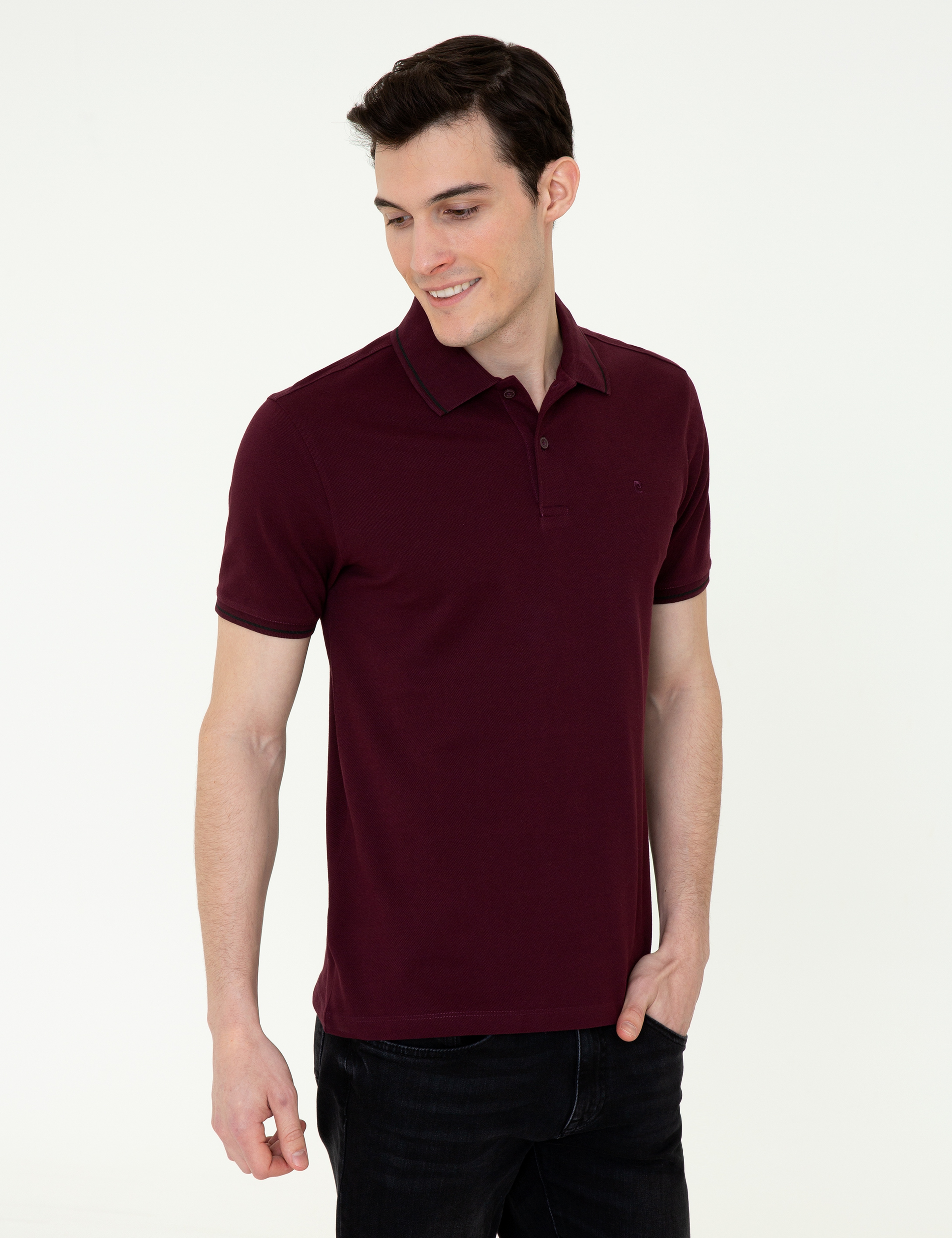 Bordo Slim Fit Polo Yaka Basic Tişört - Image 1
