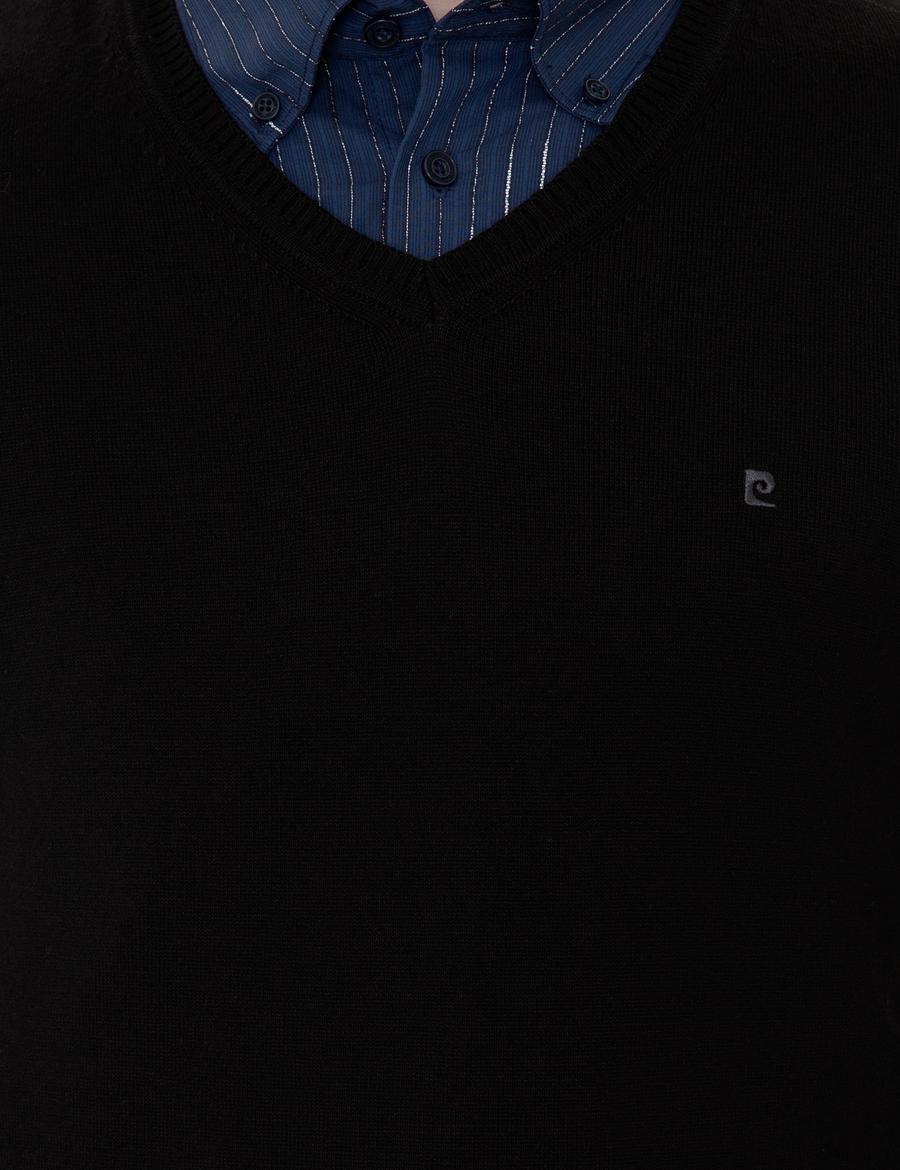 Siyah Slim Fit V Yaka Basic Triko Kazak