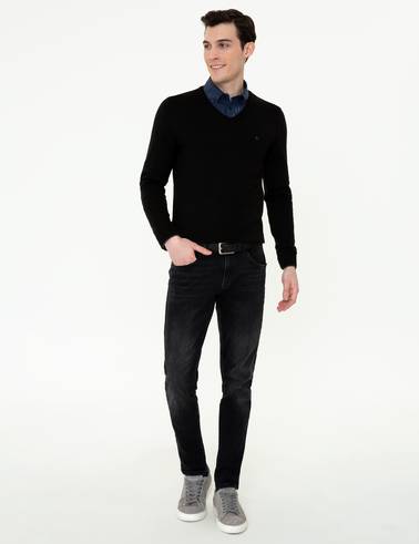 Siyah Slim Fit V Yaka Basic Triko Kazak
