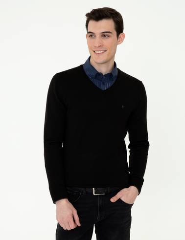 Siyah Slim Fit V Yaka Basic Triko Kazak