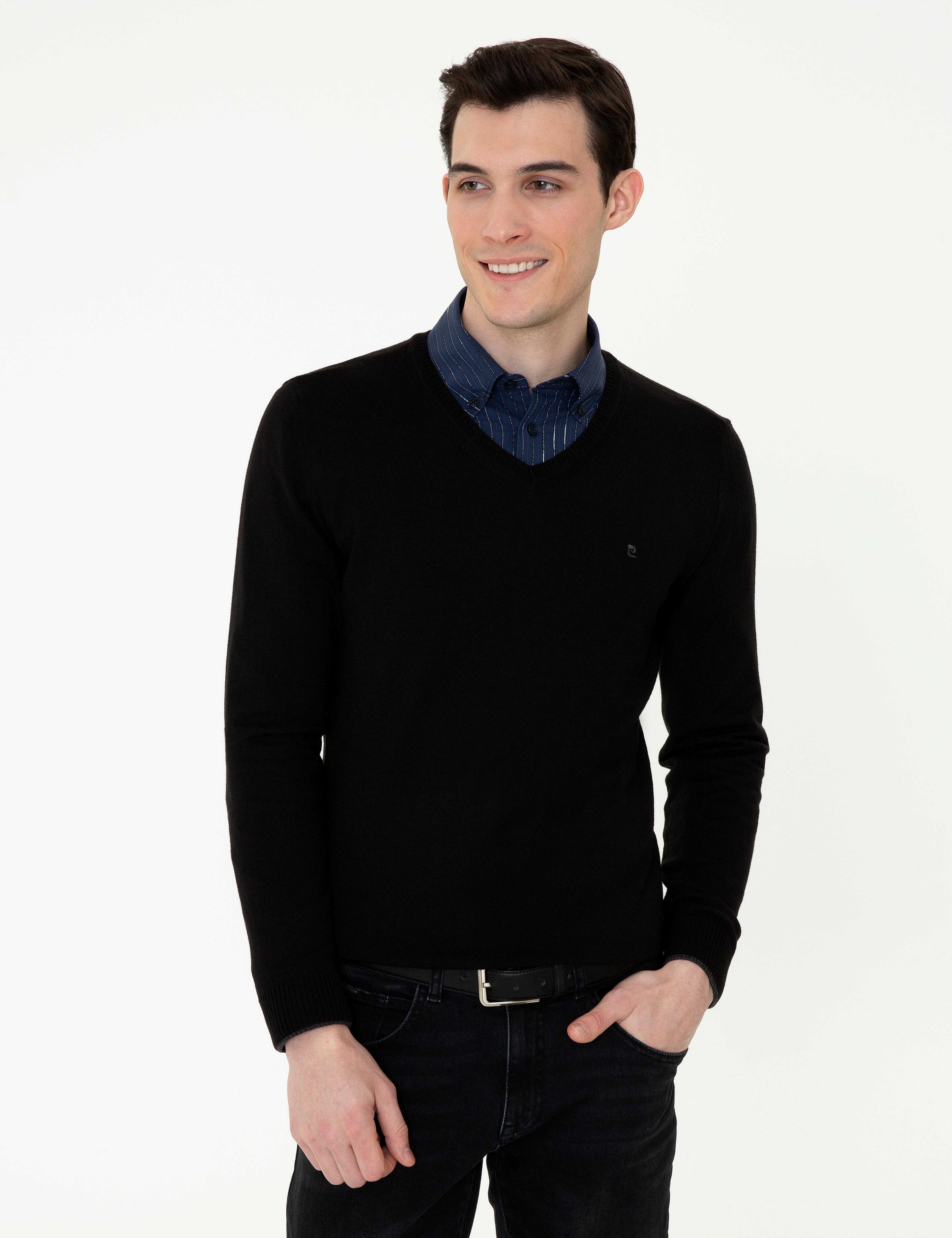 Siyah Slim Fit V Yaka Basic Triko Kazak - Image 1
