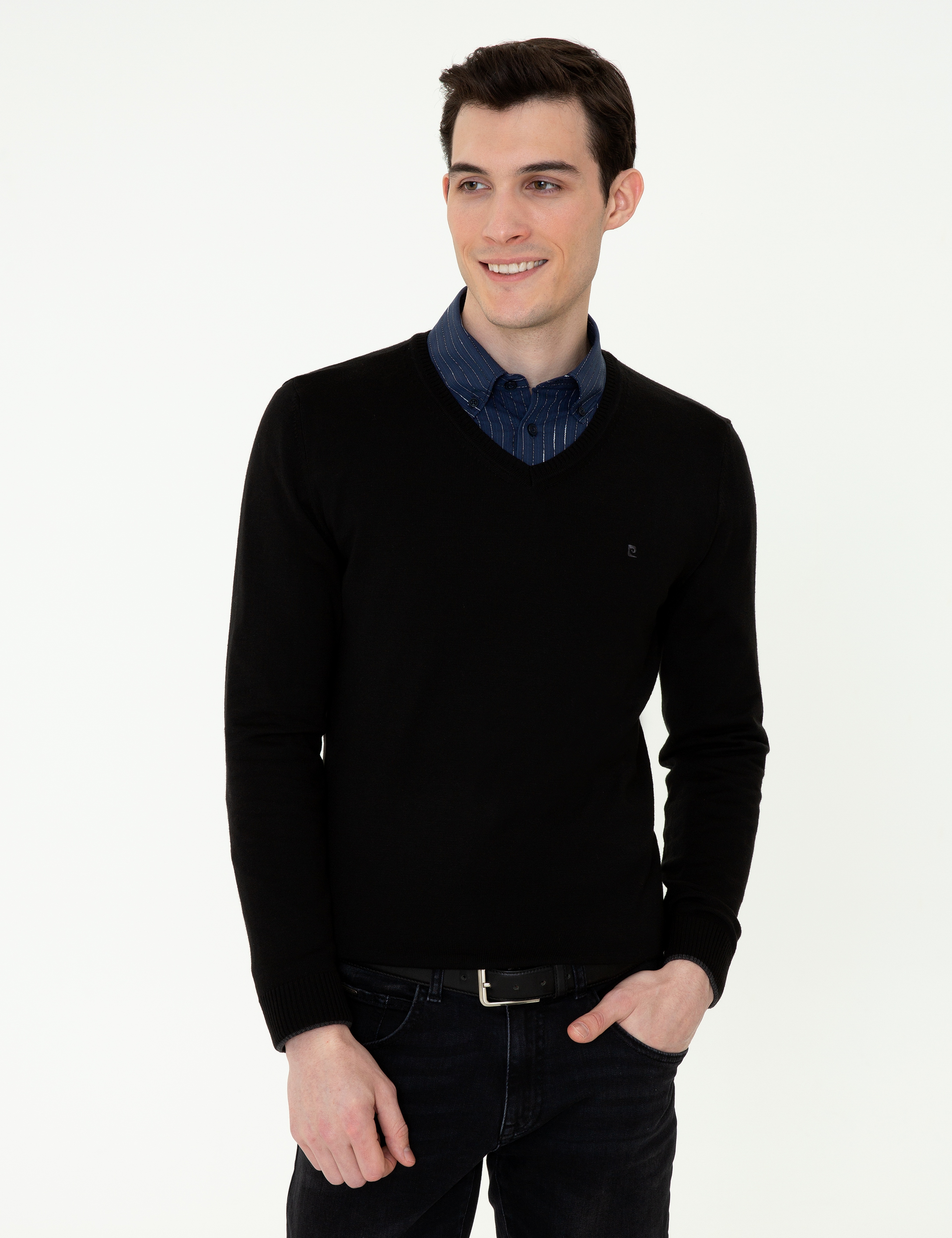 Siyah Slim Fit V Yaka Basic Triko Kazak