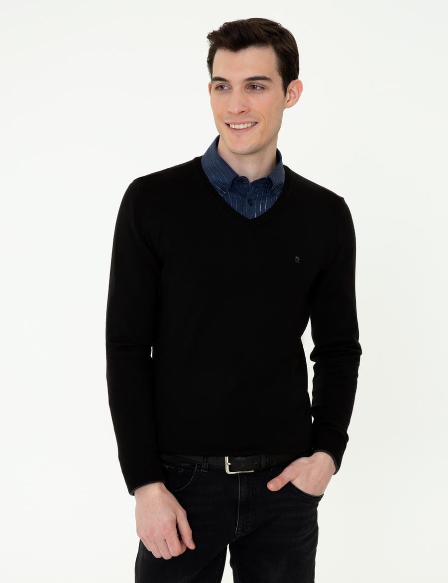 Siyah Slim Fit V Yaka Basic Triko Kazak