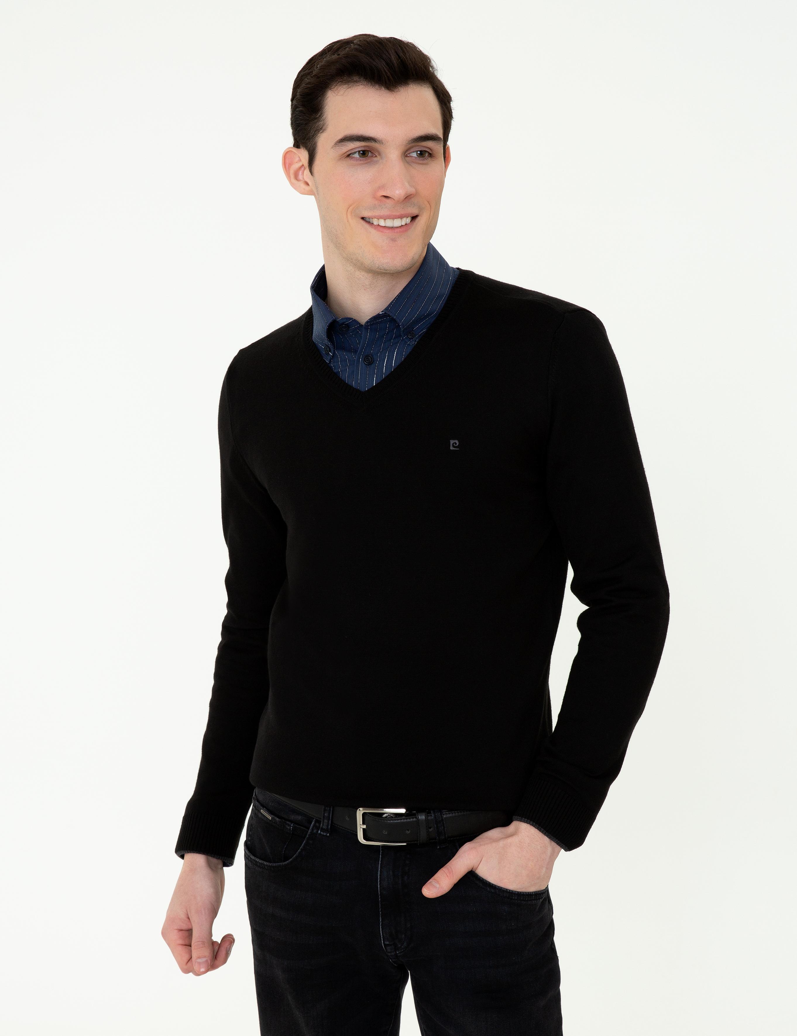 Siyah Slim Fit V Yaka Basic Triko Kazak