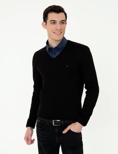 Siyah Slim Fit V Yaka Basic Triko Kazak