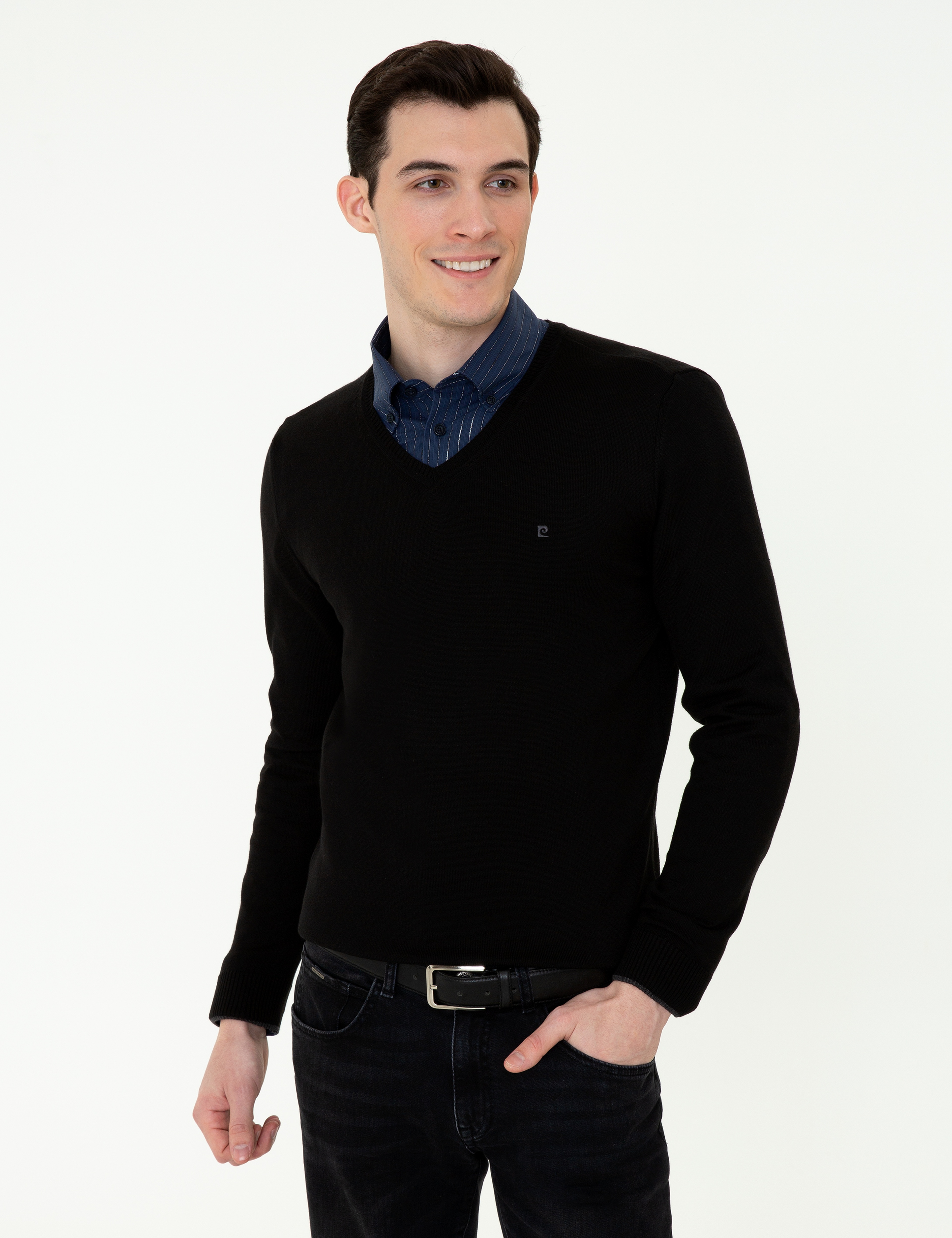 Siyah Slim Fit V Yaka Basic Triko Kazak - Image 3
