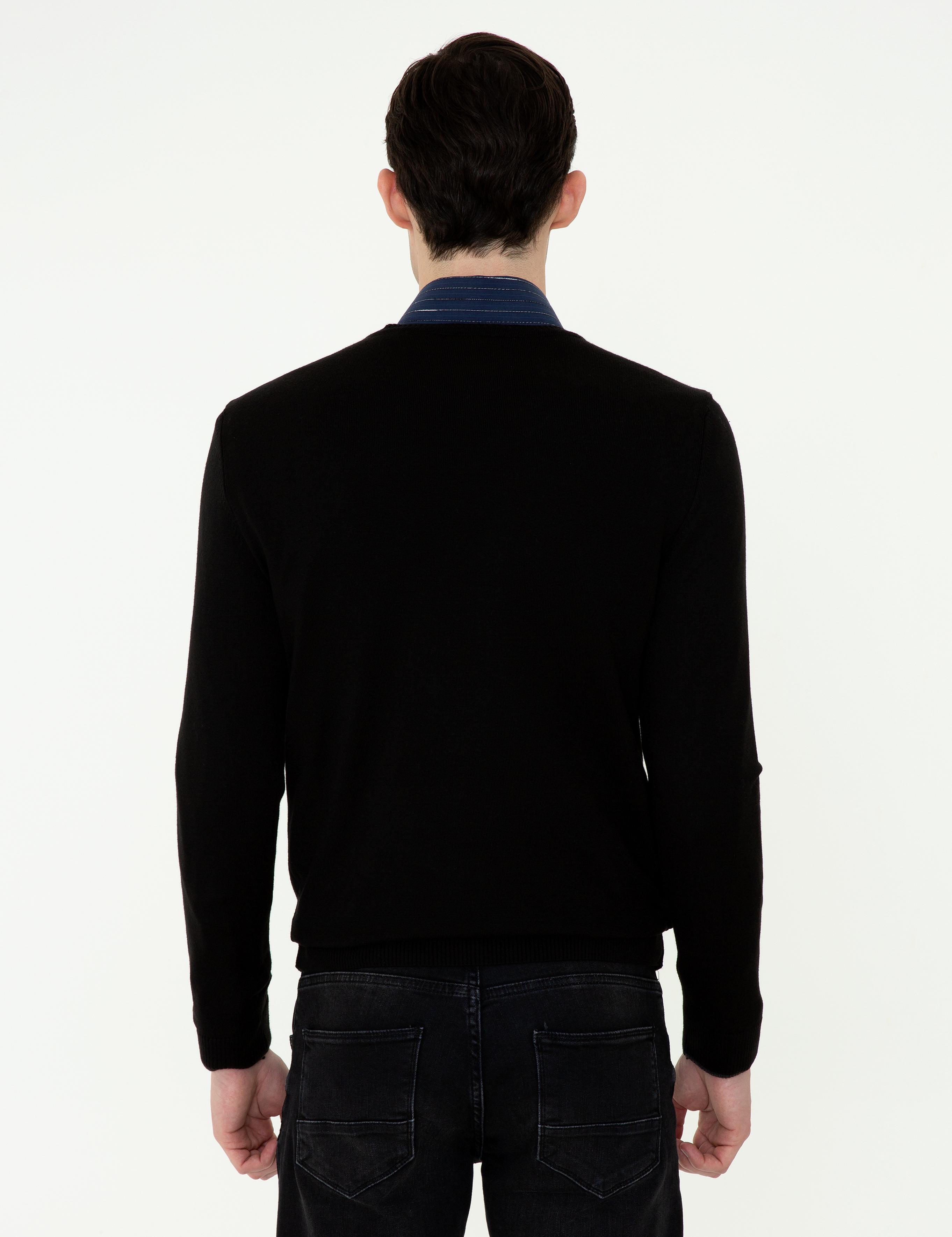 Siyah Slim Fit V Yaka Basic Triko Kazak