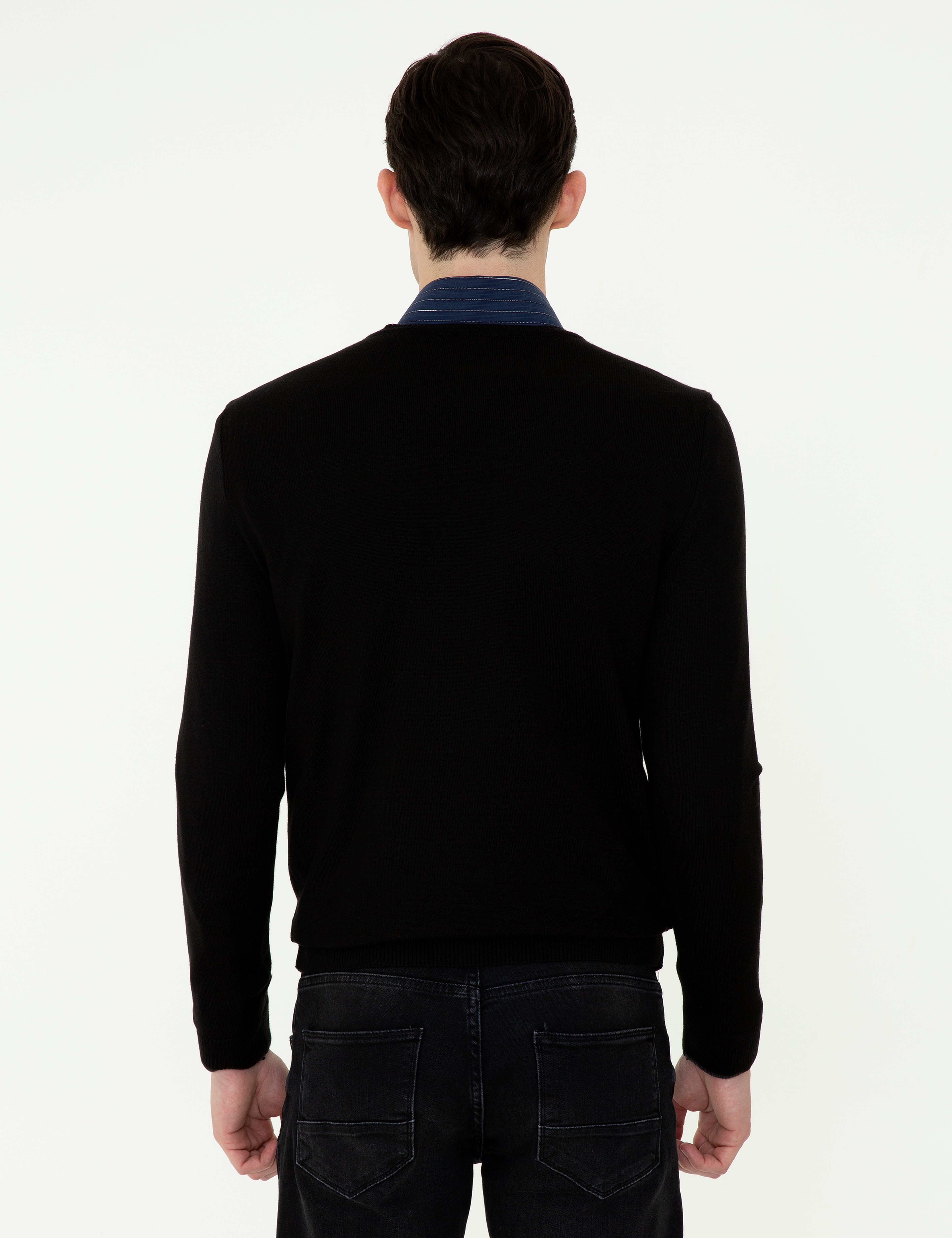Siyah Slim Fit V Yaka Basic Triko Kazak - Image 4