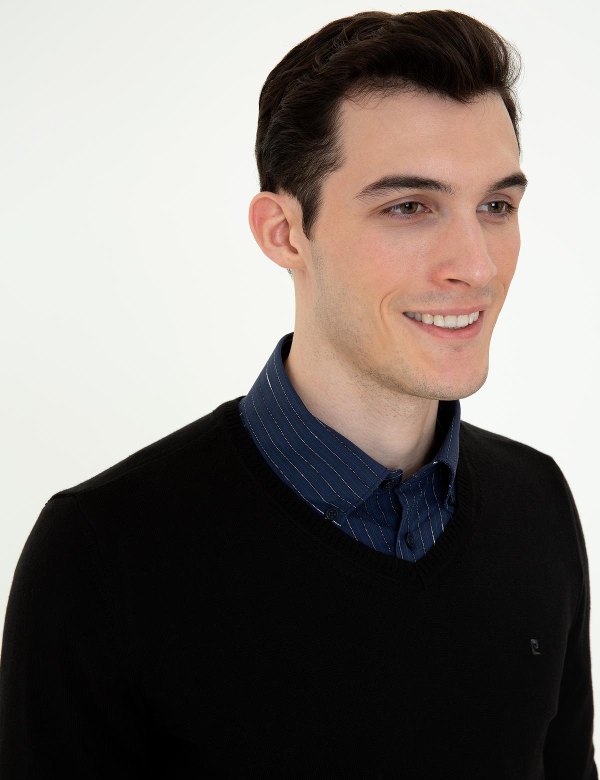 Siyah Slim Fit V Yaka Basic Triko Kazak - 50248554038