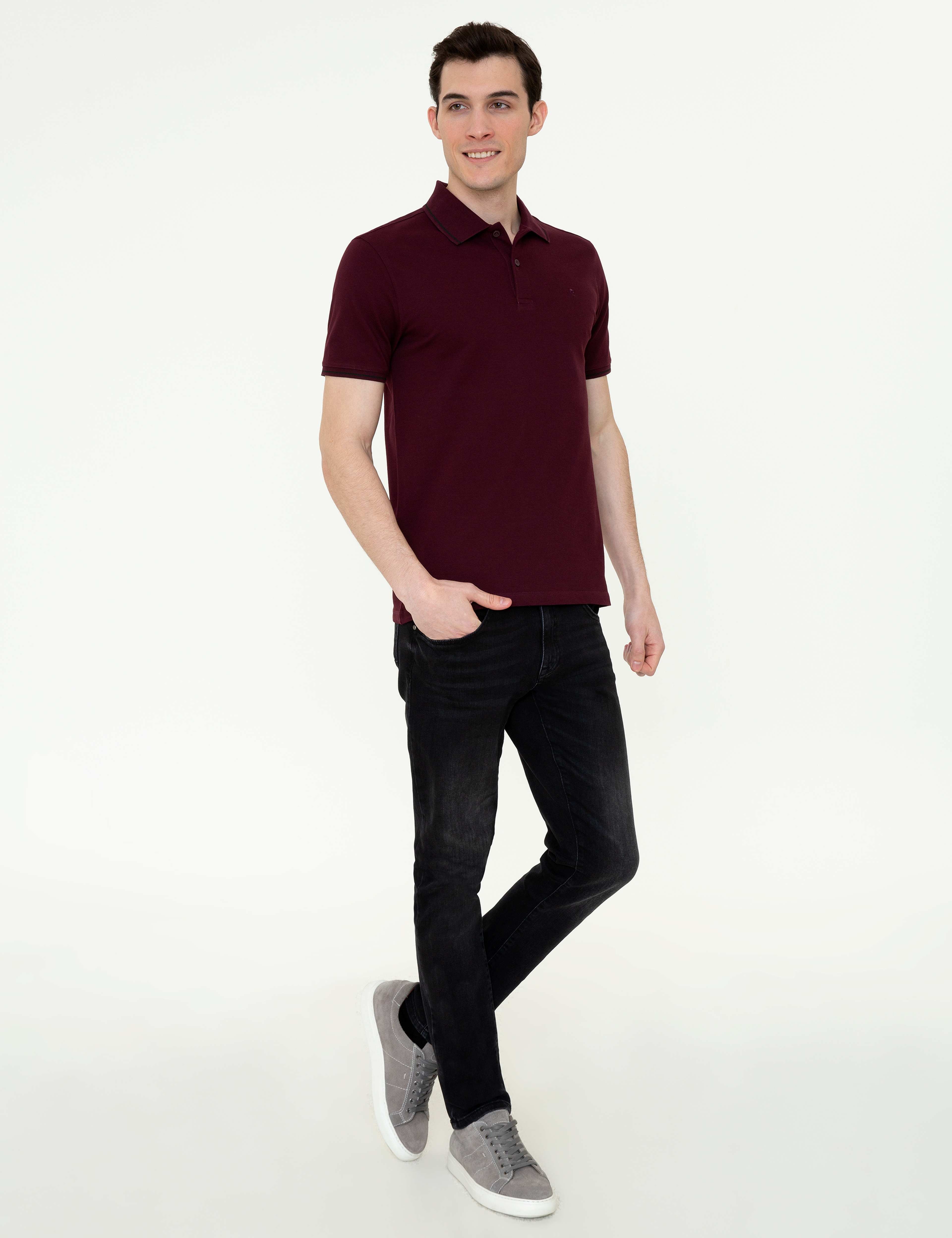 Bordo Slim Fit Polo Yaka Basic Tişört - Image 4