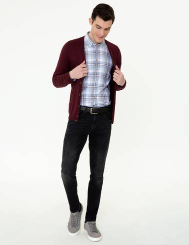 Bordo Slim Fit Basic Düğmeli Triko Hırka