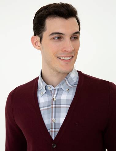 Bordo Slim Fit Basic Düğmeli Triko Hırka