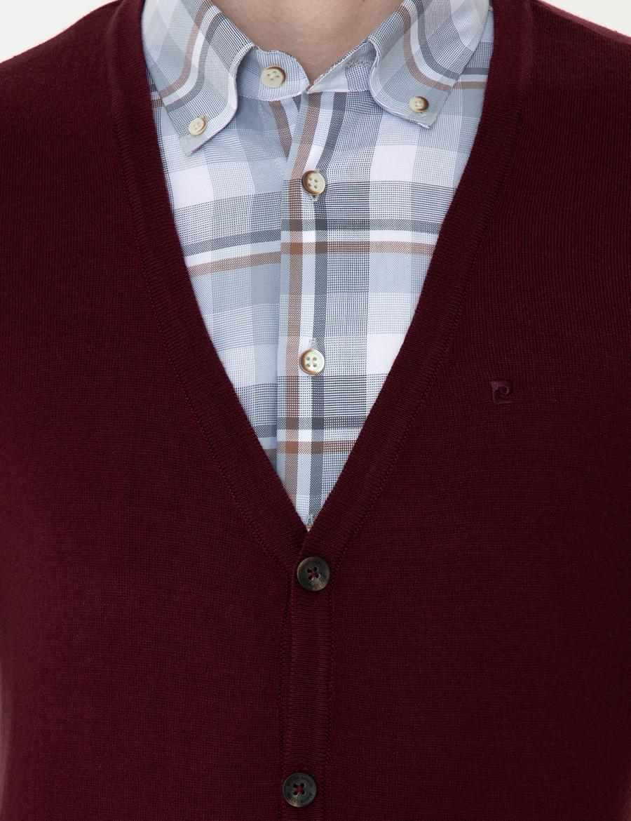 Bordo Slim Fit Basic Düğmeli Triko Hırka