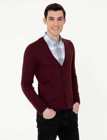 Bordo Slim Fit Basic Düğmeli Triko Hırka