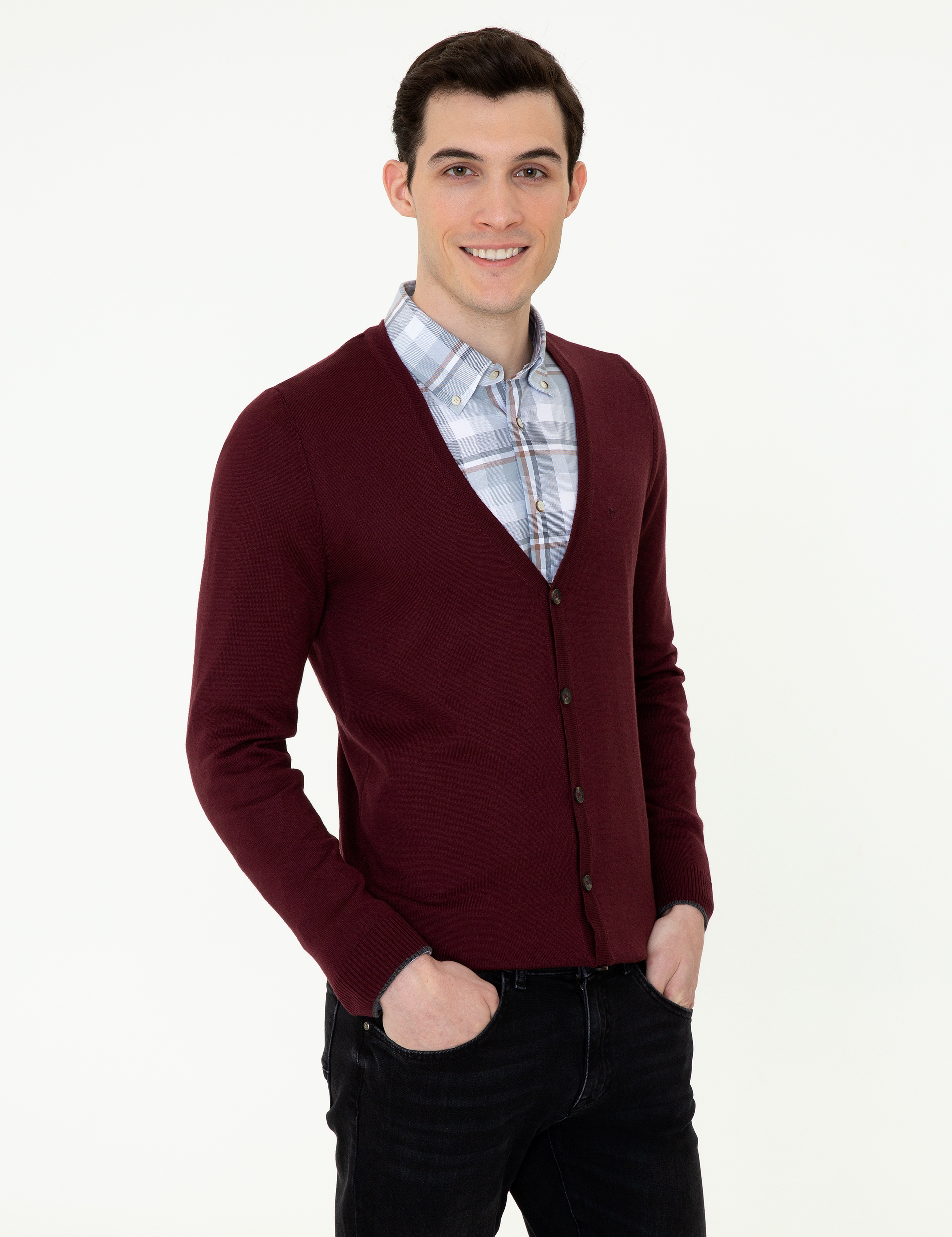 Bordo Slim Fit Basic Düğmeli Triko Hırka