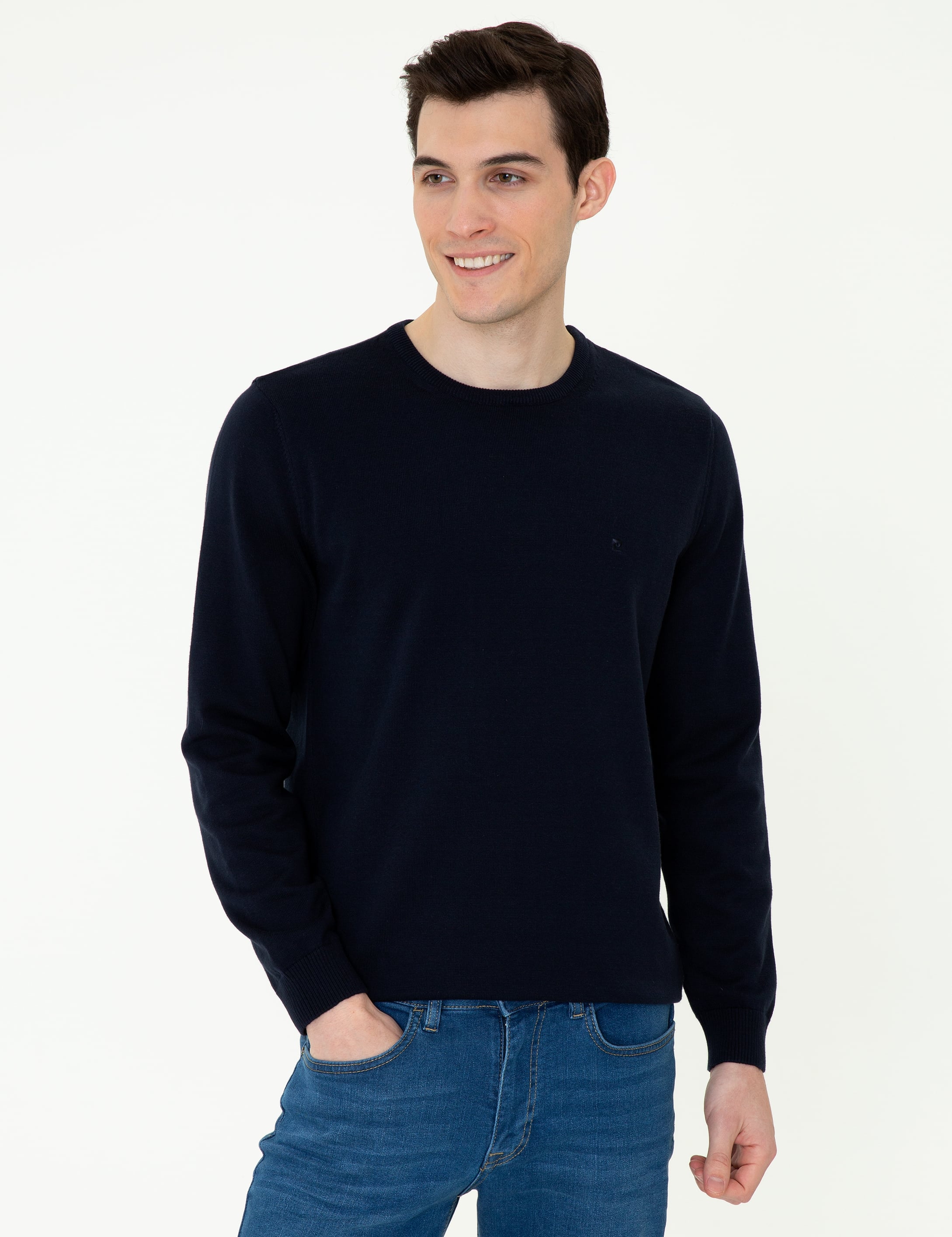 Lacivert Slim Fit Bisiklet Yaka Basic Triko Kazak