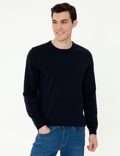 Lacivert Slim Fit Bisiklet Yaka Basic Triko Kazak
