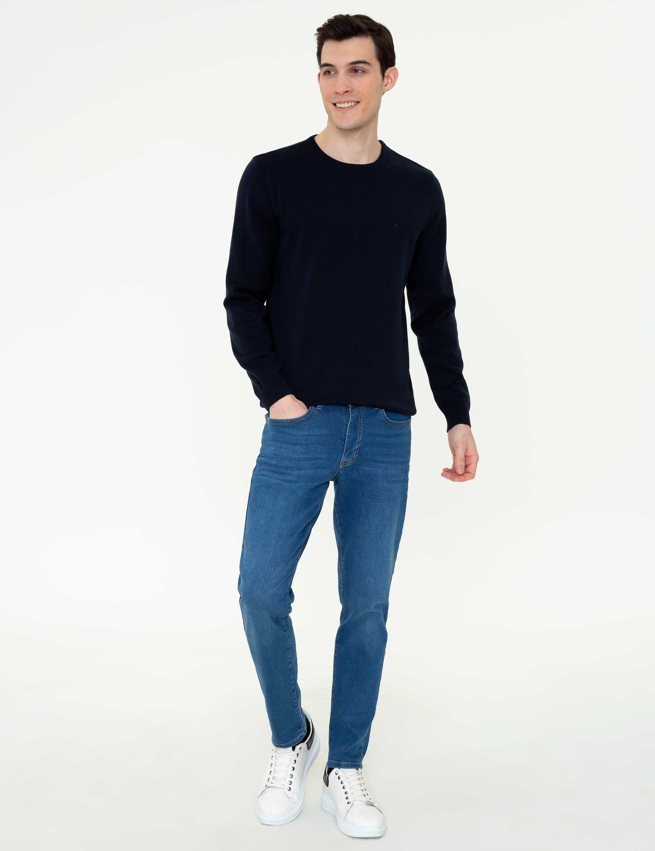 Lacivert Slim Fit Bisiklet Yaka Basic Triko Kazak