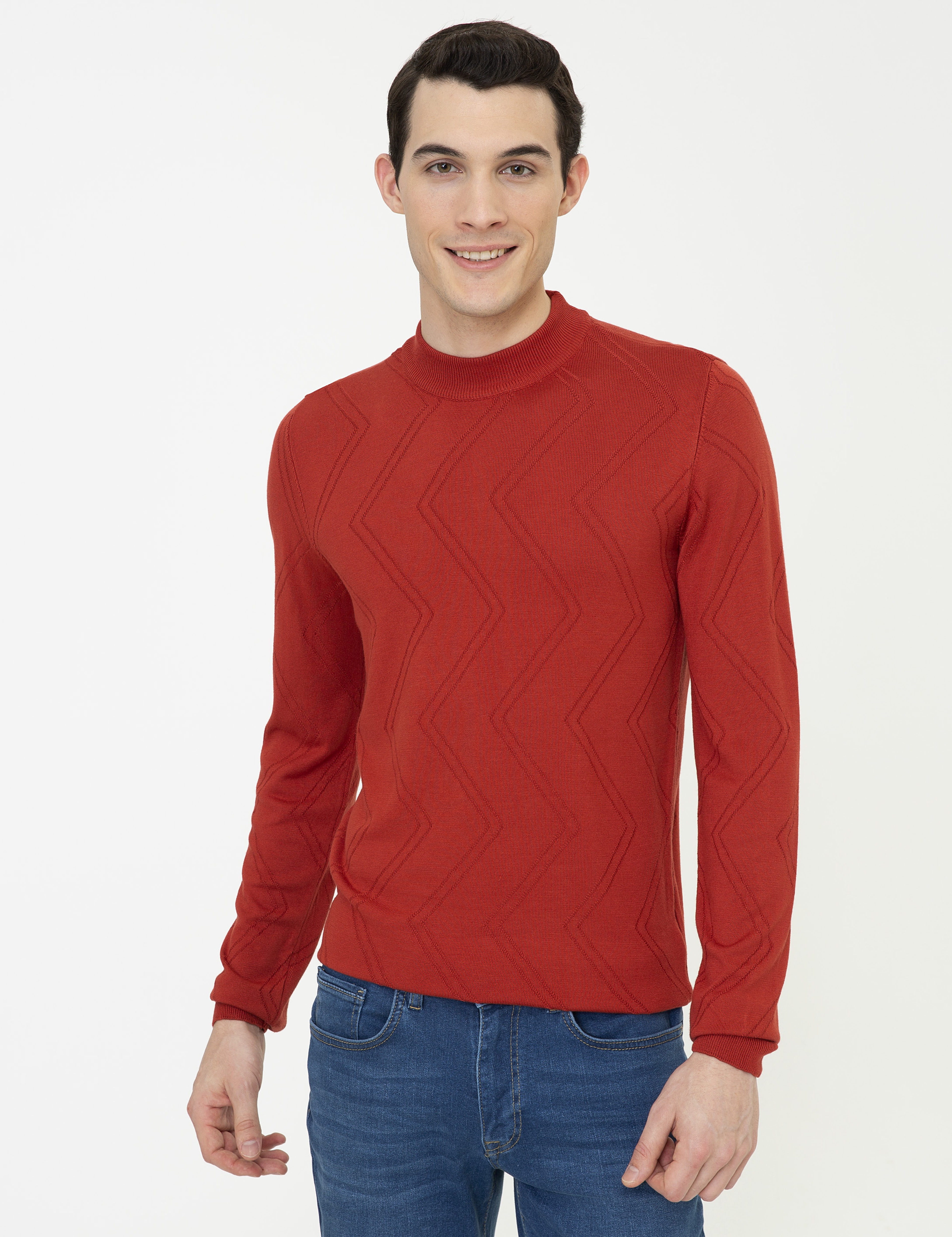 Kiremit Slim Fit Çeyrek Yaka Triko Kazak - Image 3