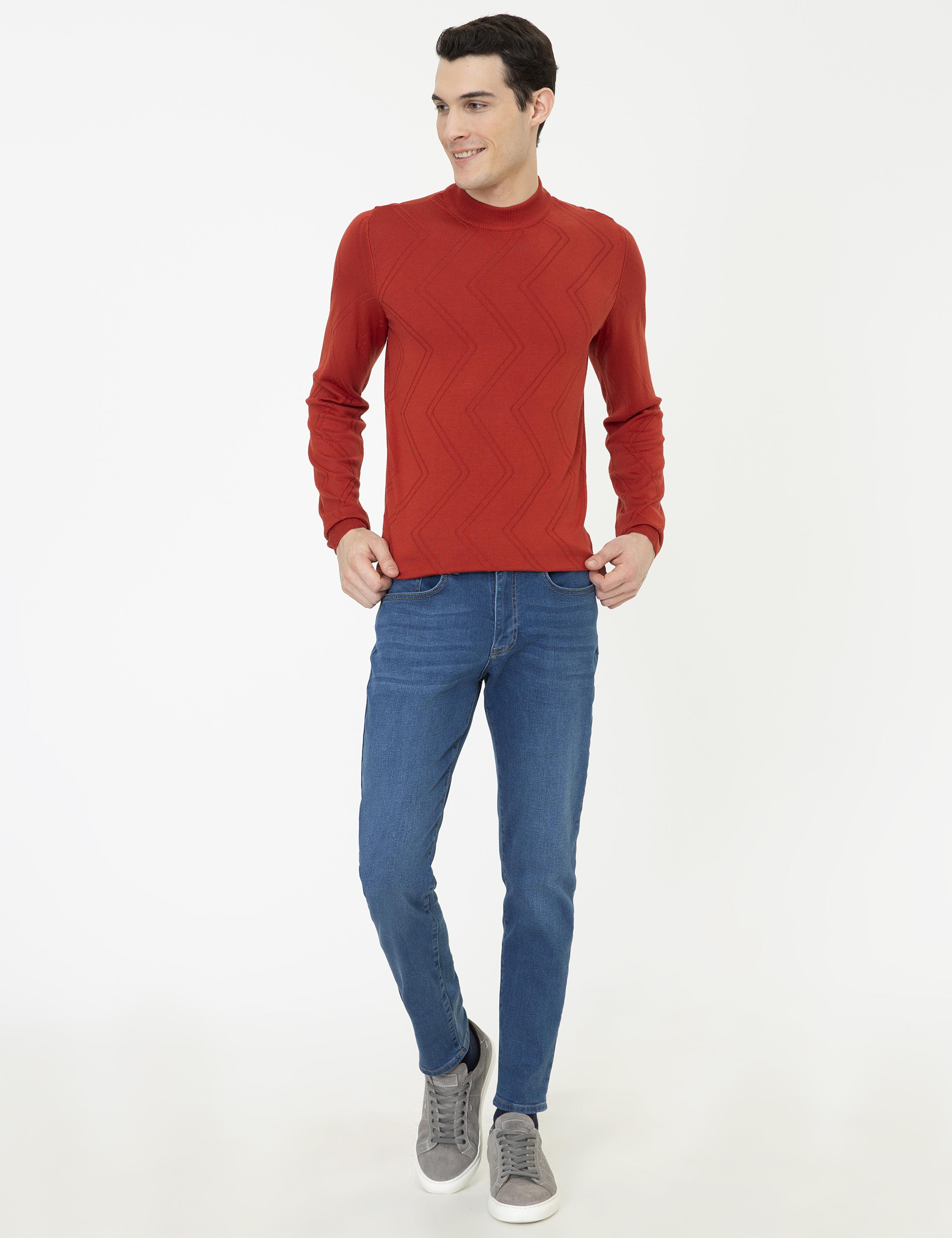 Kiremit Slim Fit Çeyrek Yaka Triko Kazak