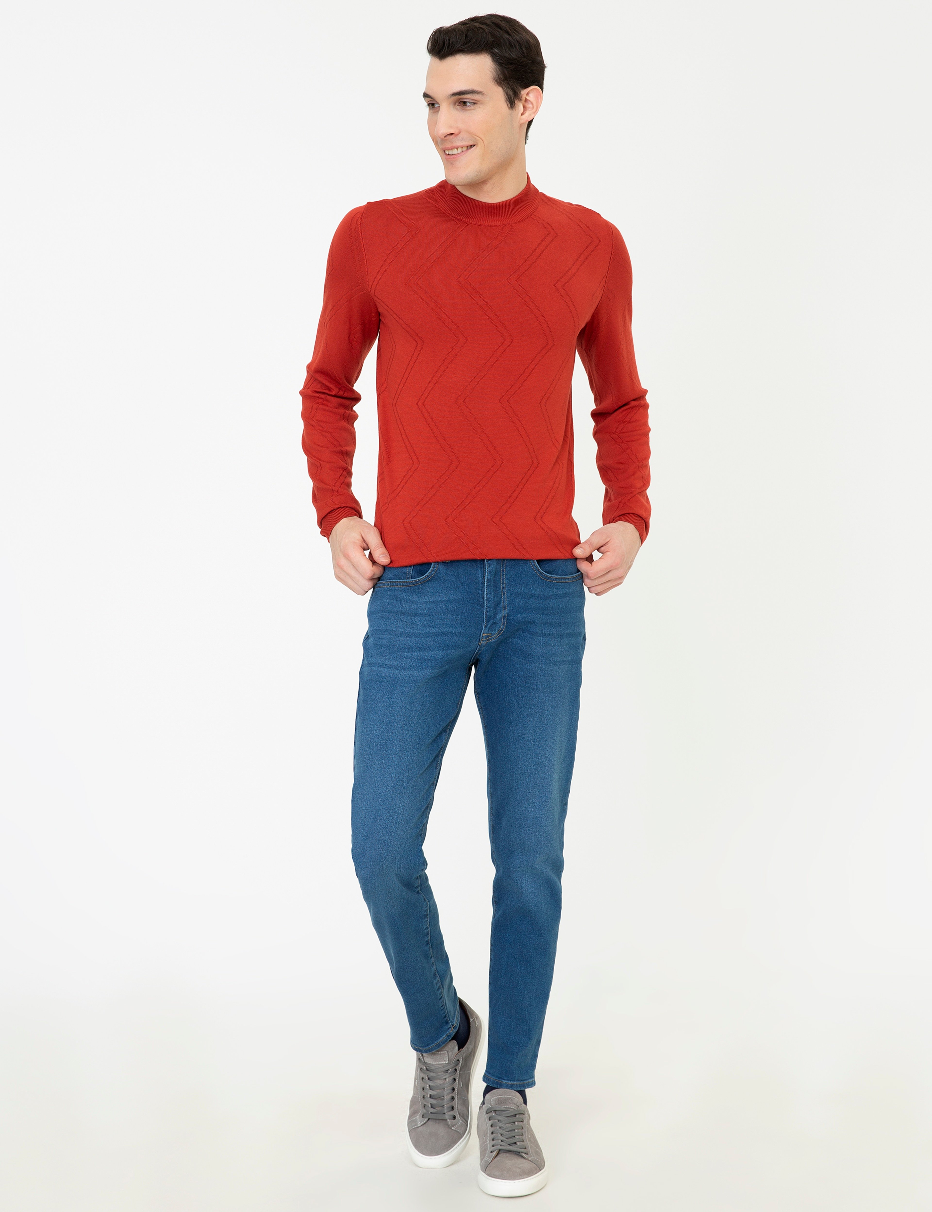 Kiremit Slim Fit Çeyrek Yaka Triko Kazak - Image 5