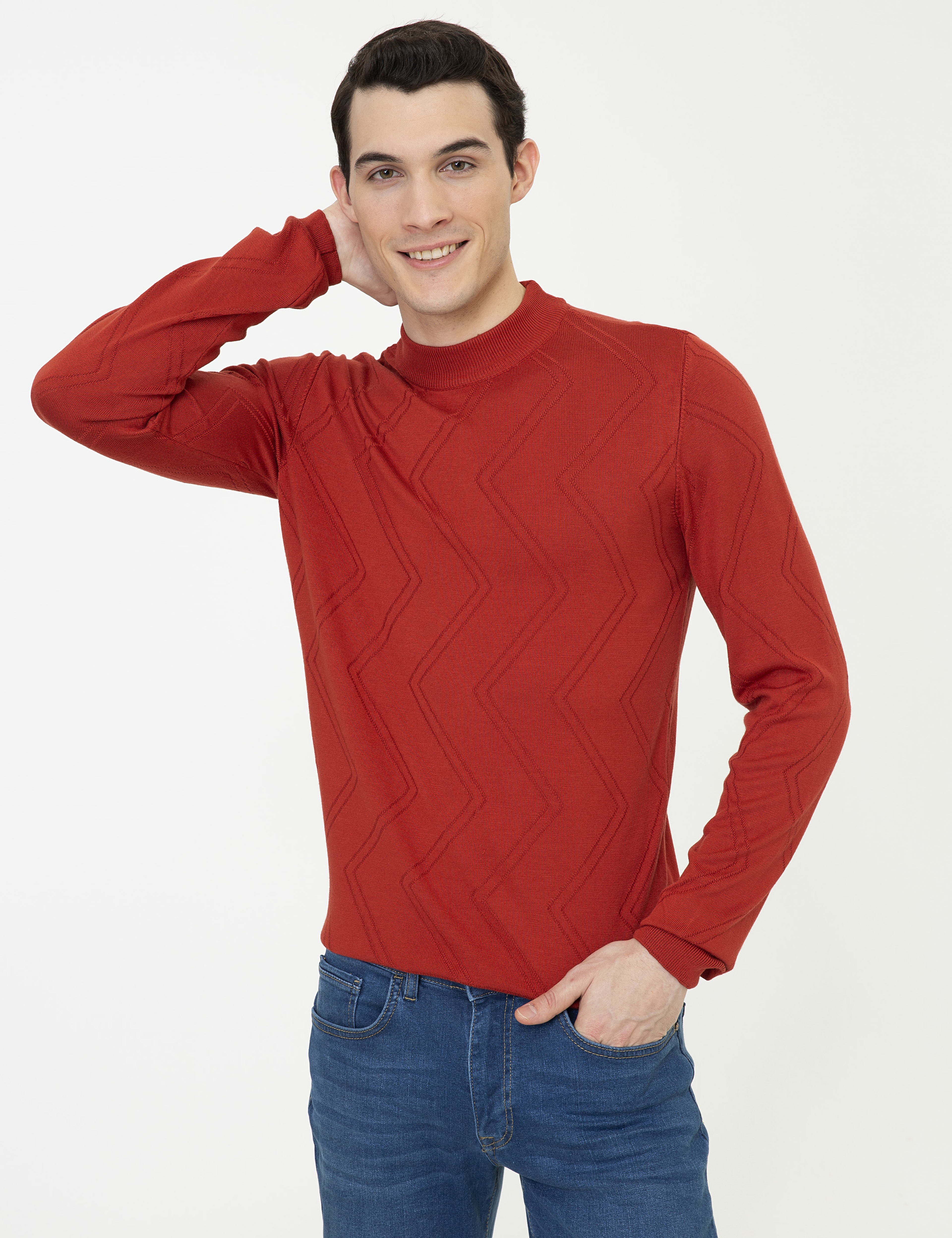 Kiremit Slim Fit Çeyrek Yaka Triko Kazak - Image 1