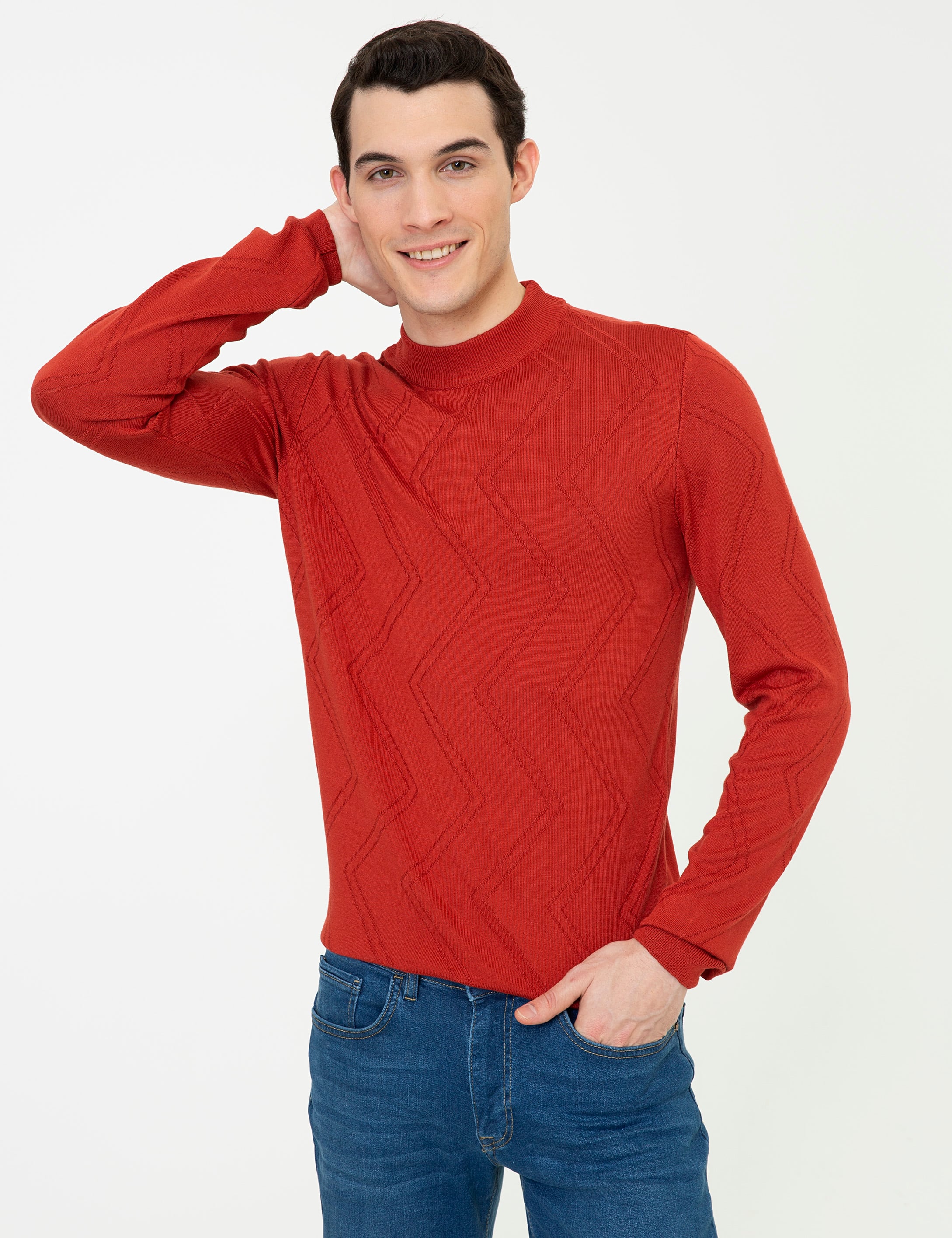 Kiremit Slim Fit Çeyrek Yaka Triko Kazak