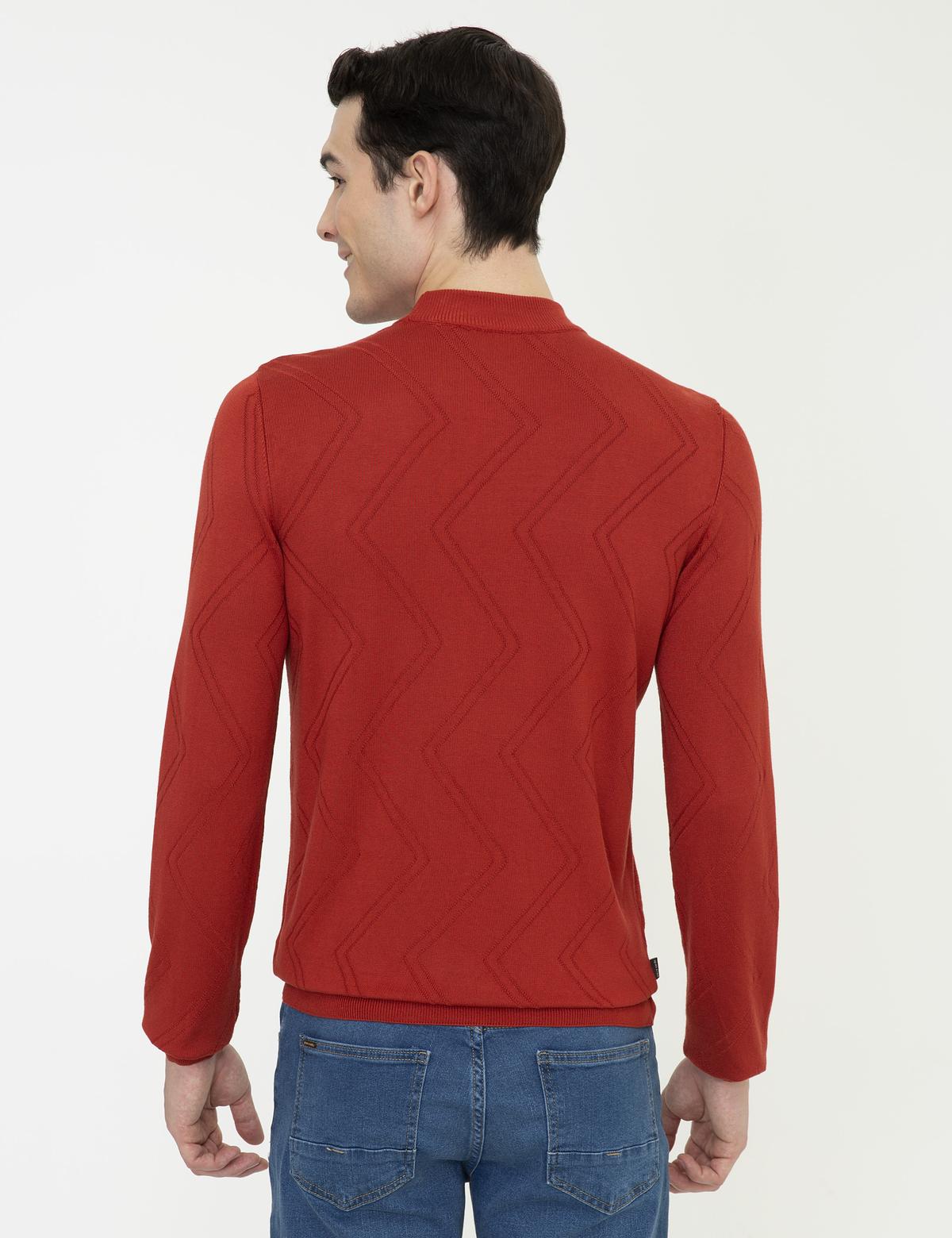 Kiremit Slim Fit Çeyrek Yaka Triko Kazak - 50241453006