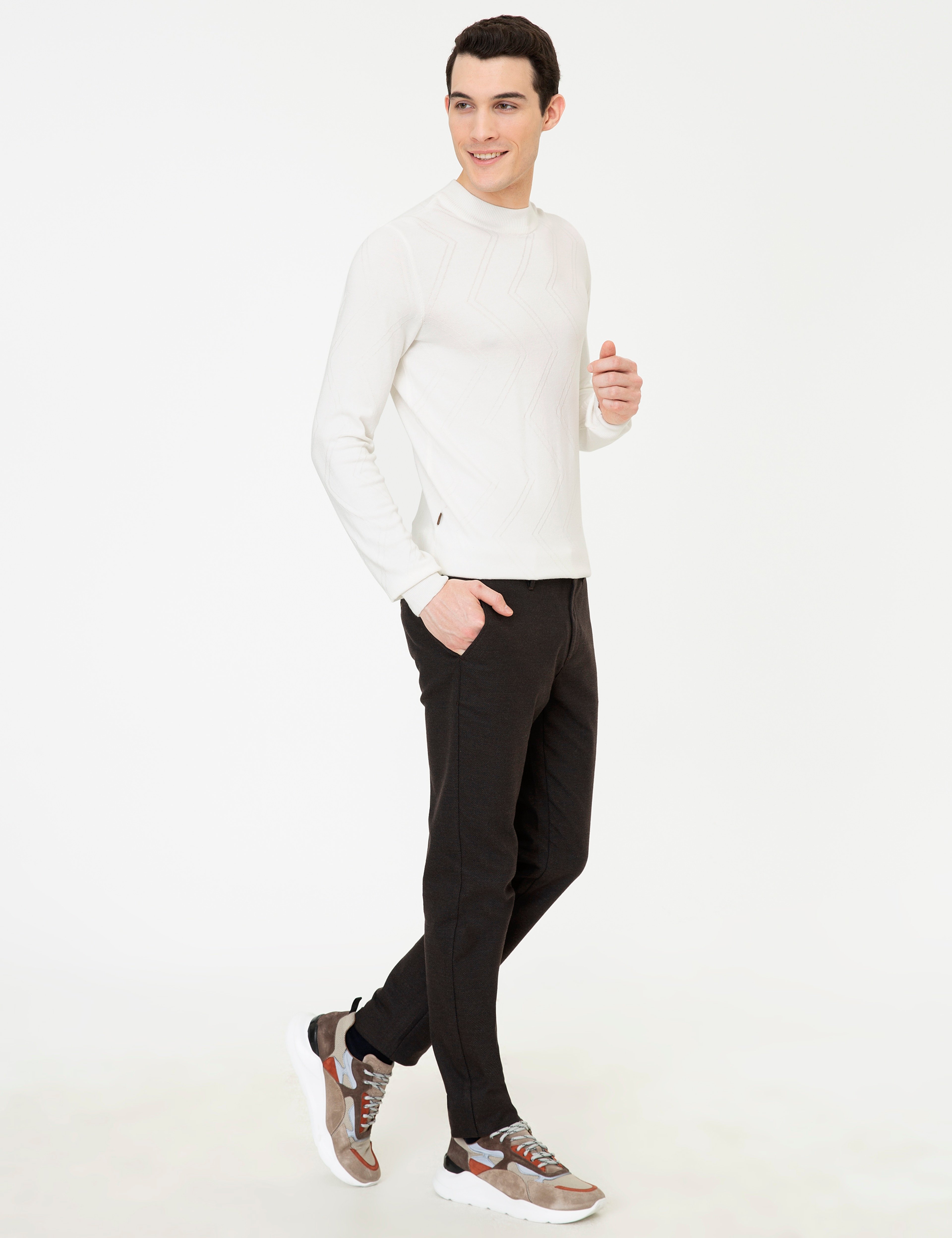 Ekru Slim Fit Çeyrek Yaka Triko Kazak - Image 5