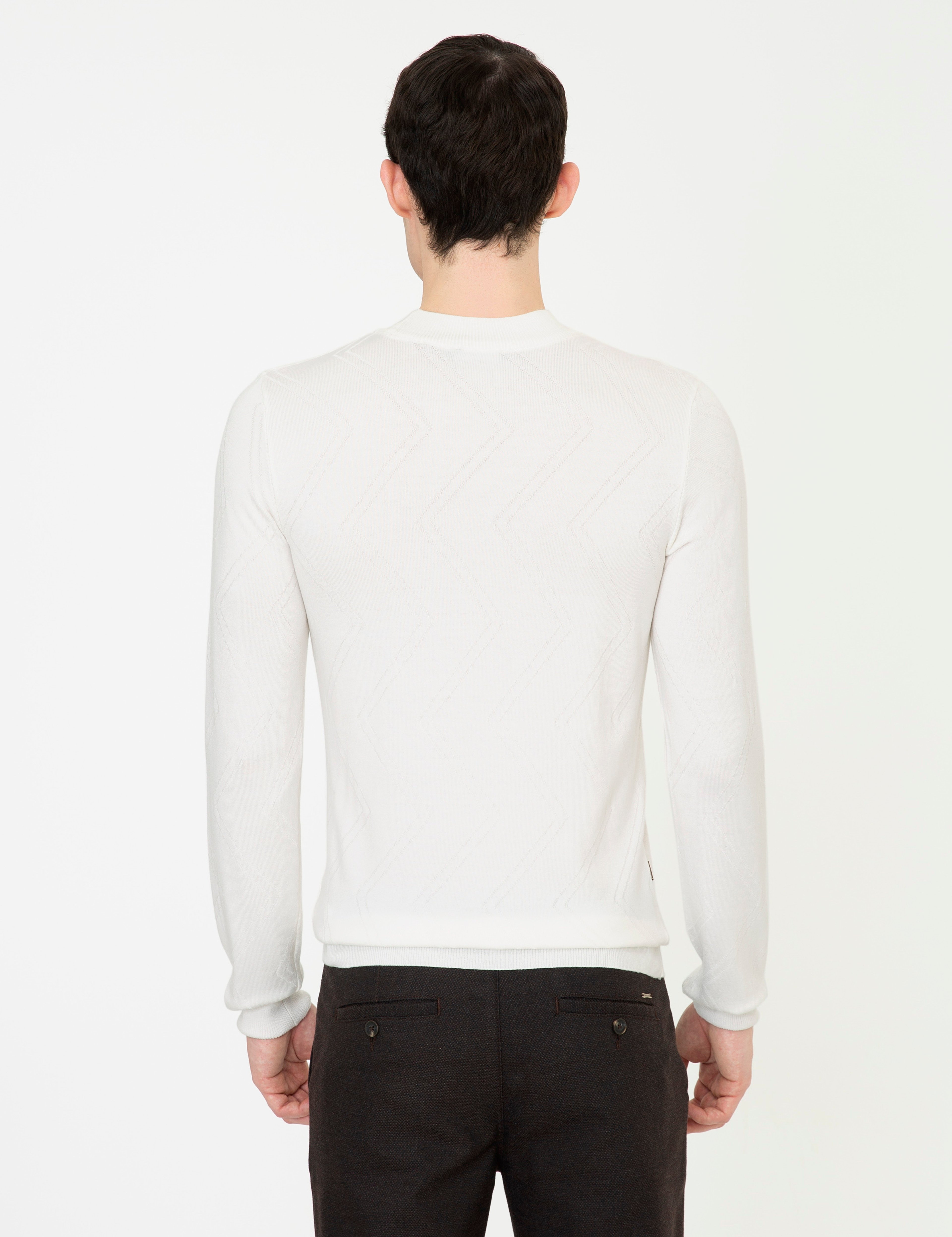 Ekru Slim Fit Çeyrek Yaka Triko Kazak - Image 4