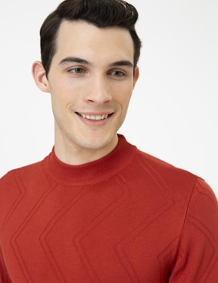 Kiremit Slim Fit Çeyrek Yaka Triko Kazak - 50241453006