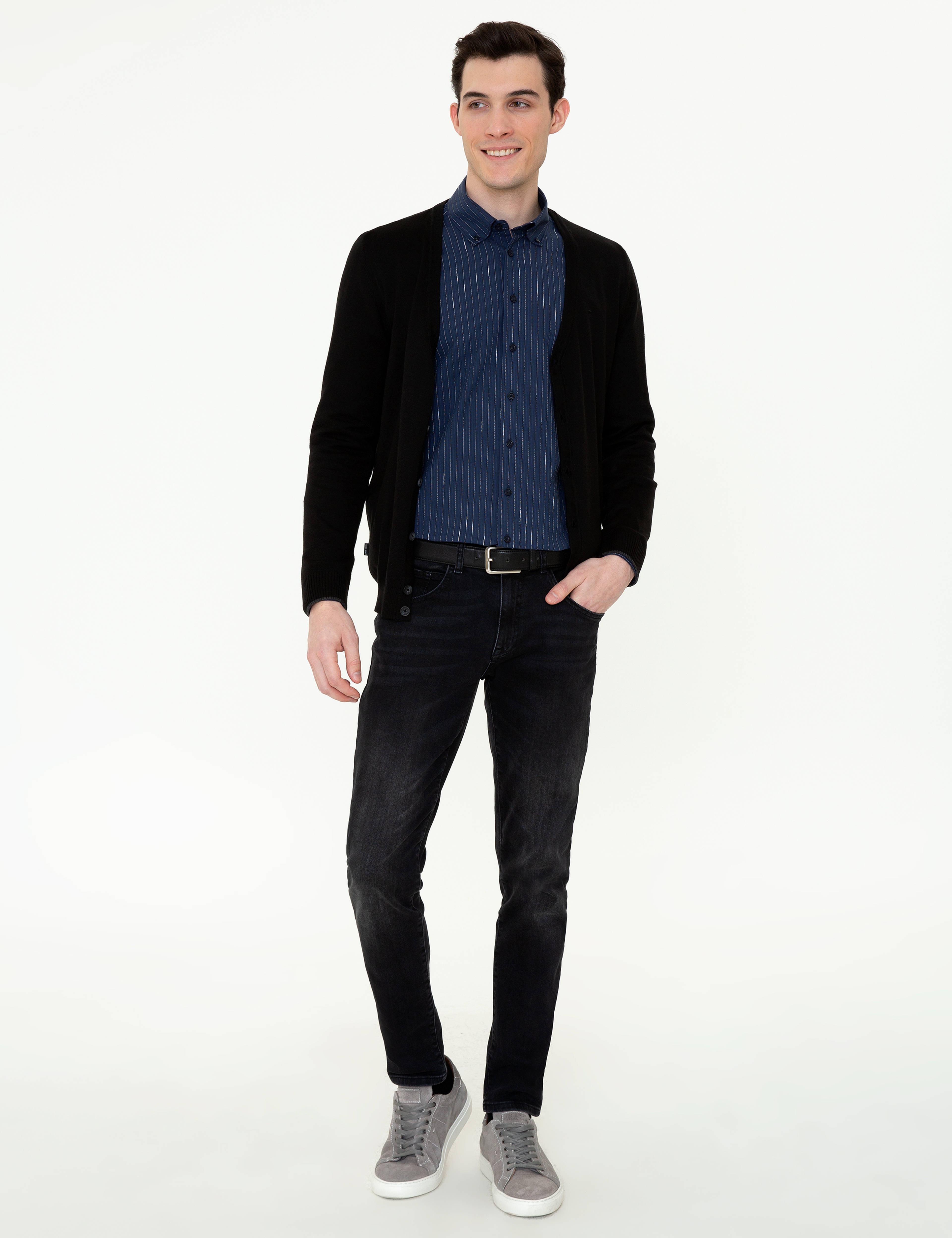 Siyah Slim Fit Basic Düğmeli Triko Hırka - Image 5