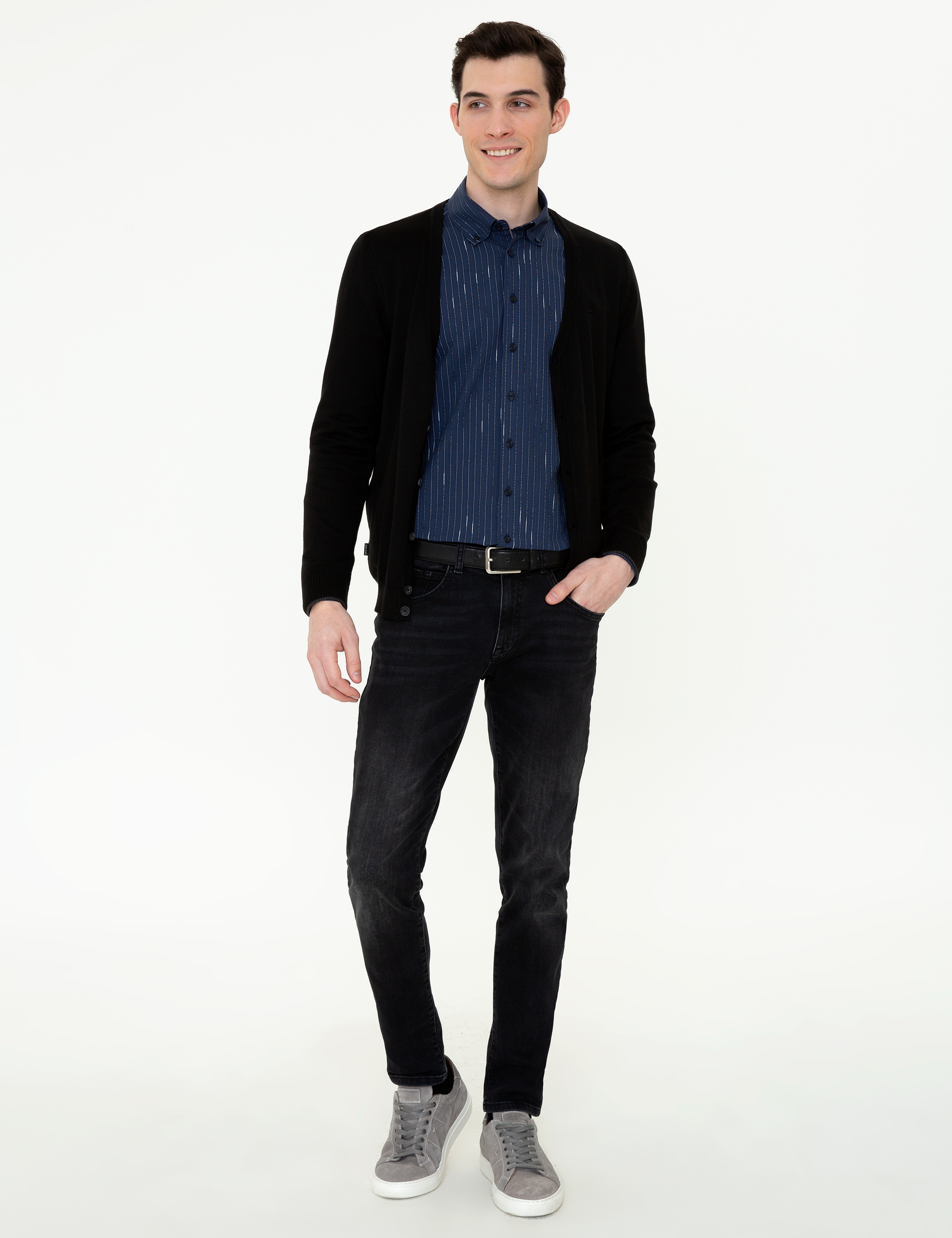 Siyah Slim Fit Basic Düğmeli Triko Hırka