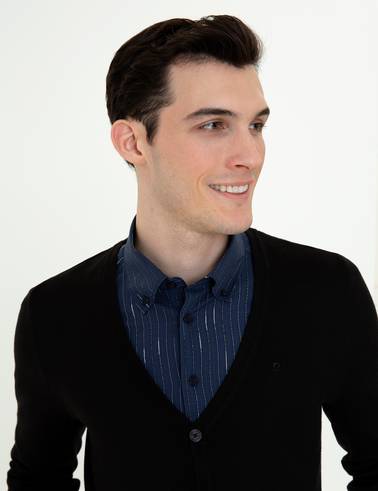 Siyah Slim Fit Basic Düğmeli Triko Hırka
