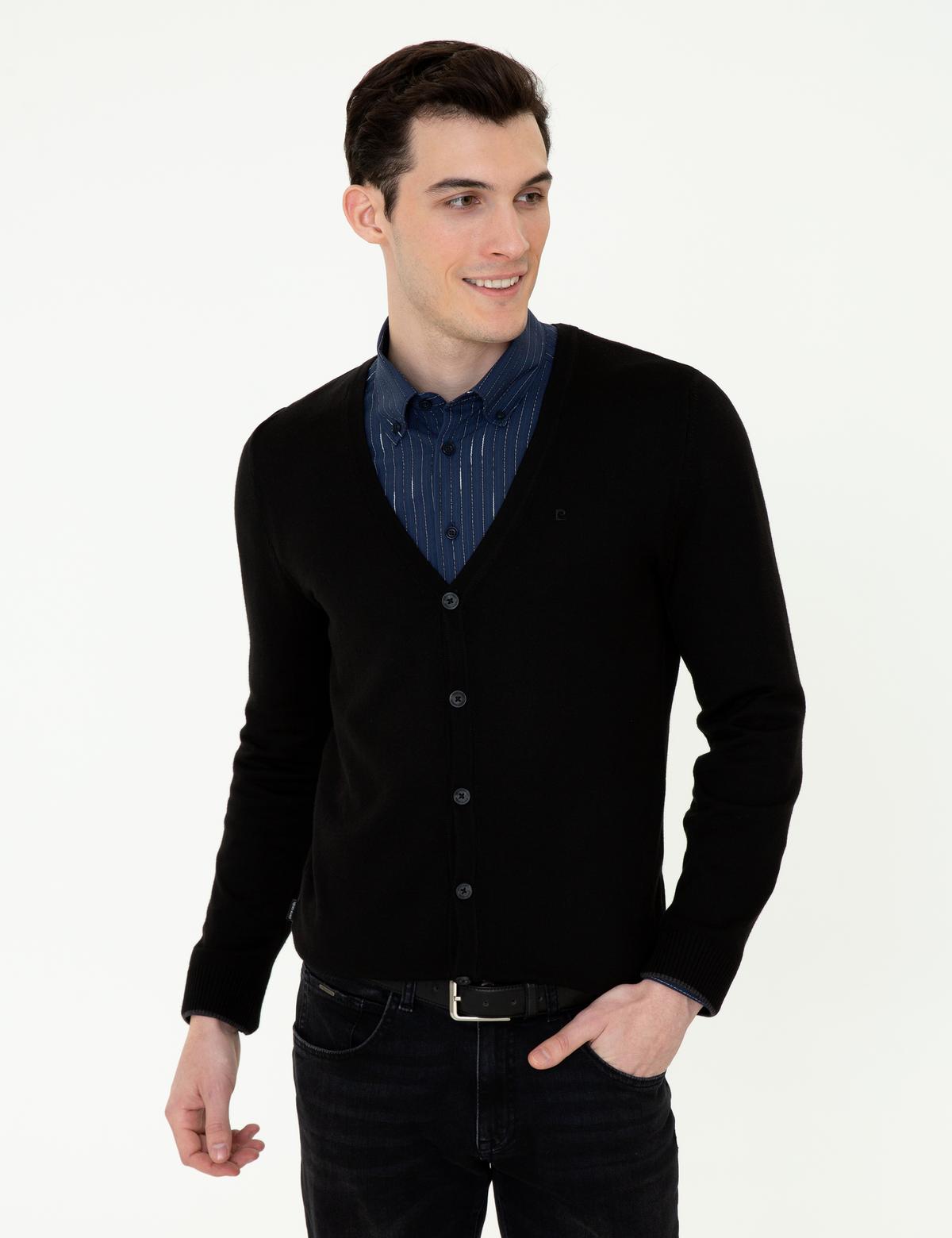 Siyah Slim Fit Basic Düğmeli Triko Hırka