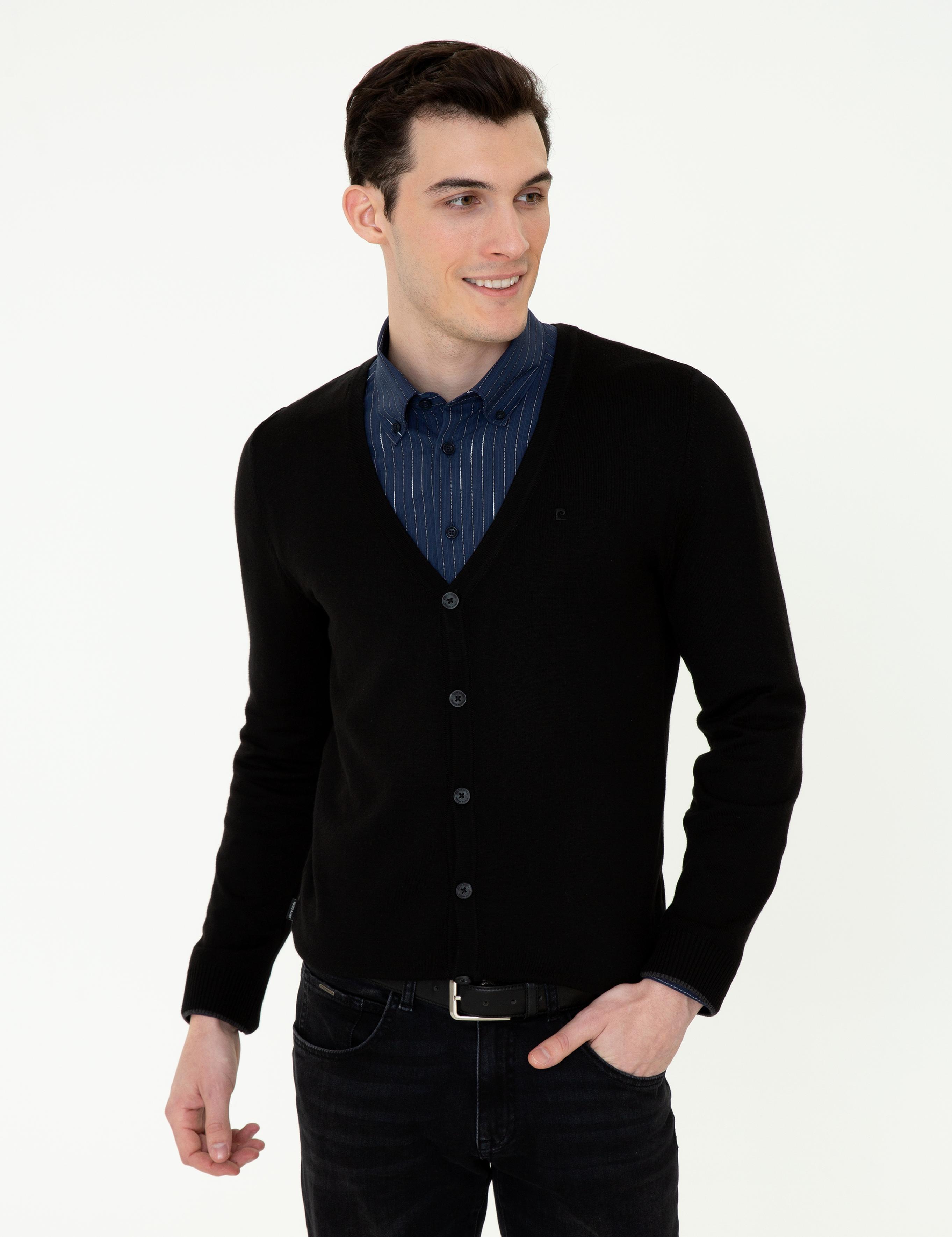 Siyah Slim Fit Basic Düğmeli Triko Hırka