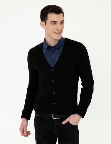 Siyah Slim Fit Basic Düğmeli Triko Hırka