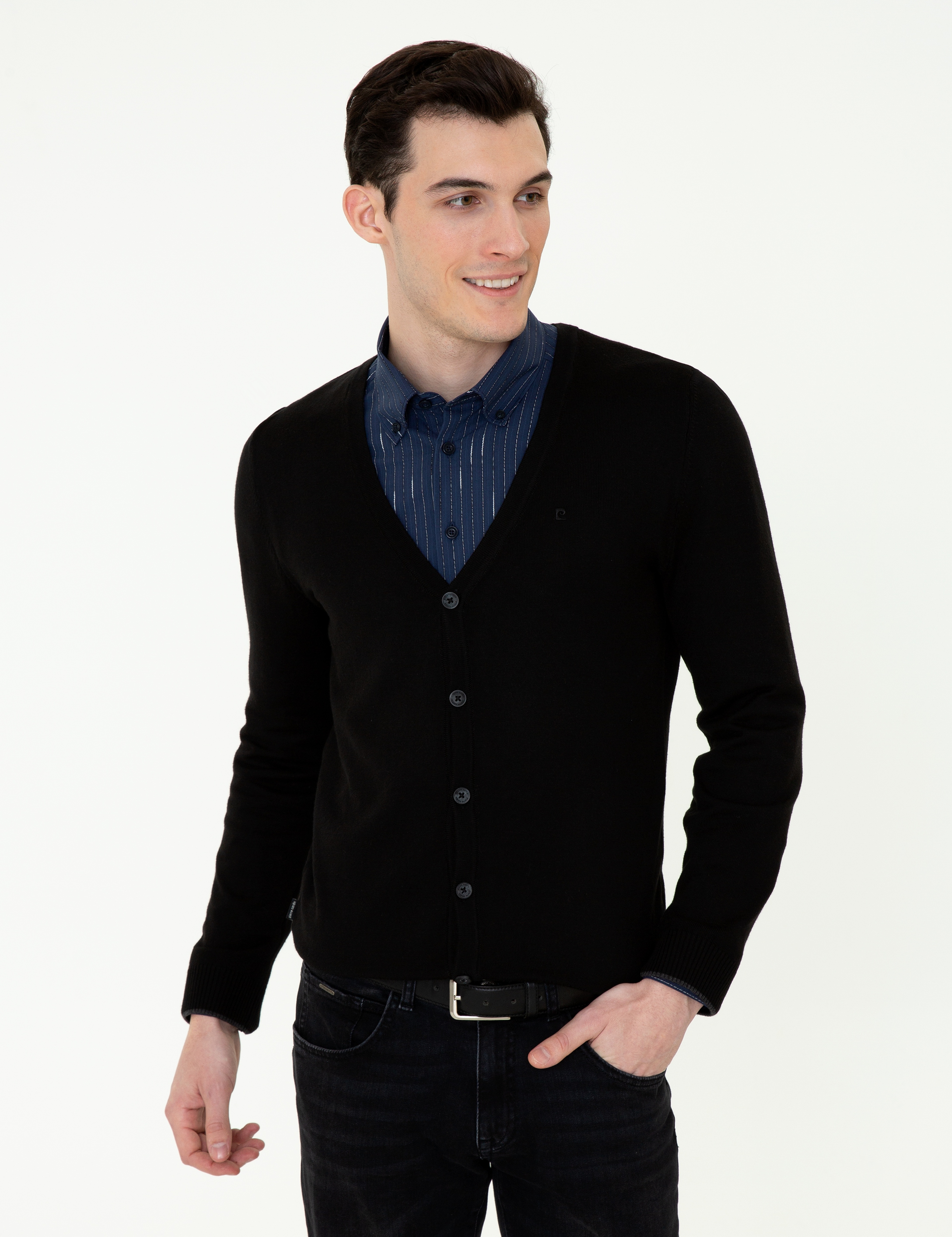Siyah Slim Fit Basic Düğmeli Triko Hırka - Image 1