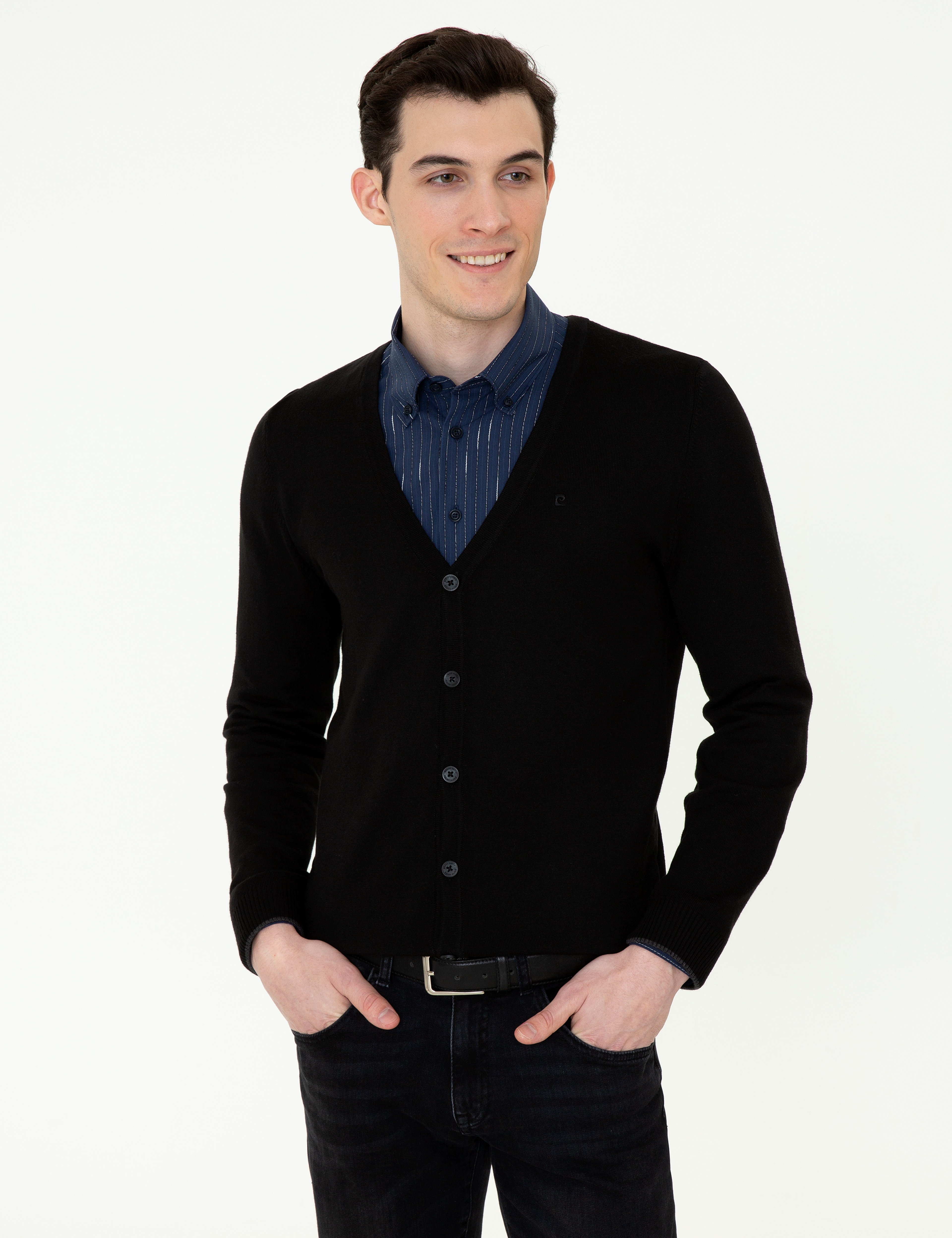 Siyah Slim Fit Basic Düğmeli Triko Hırka