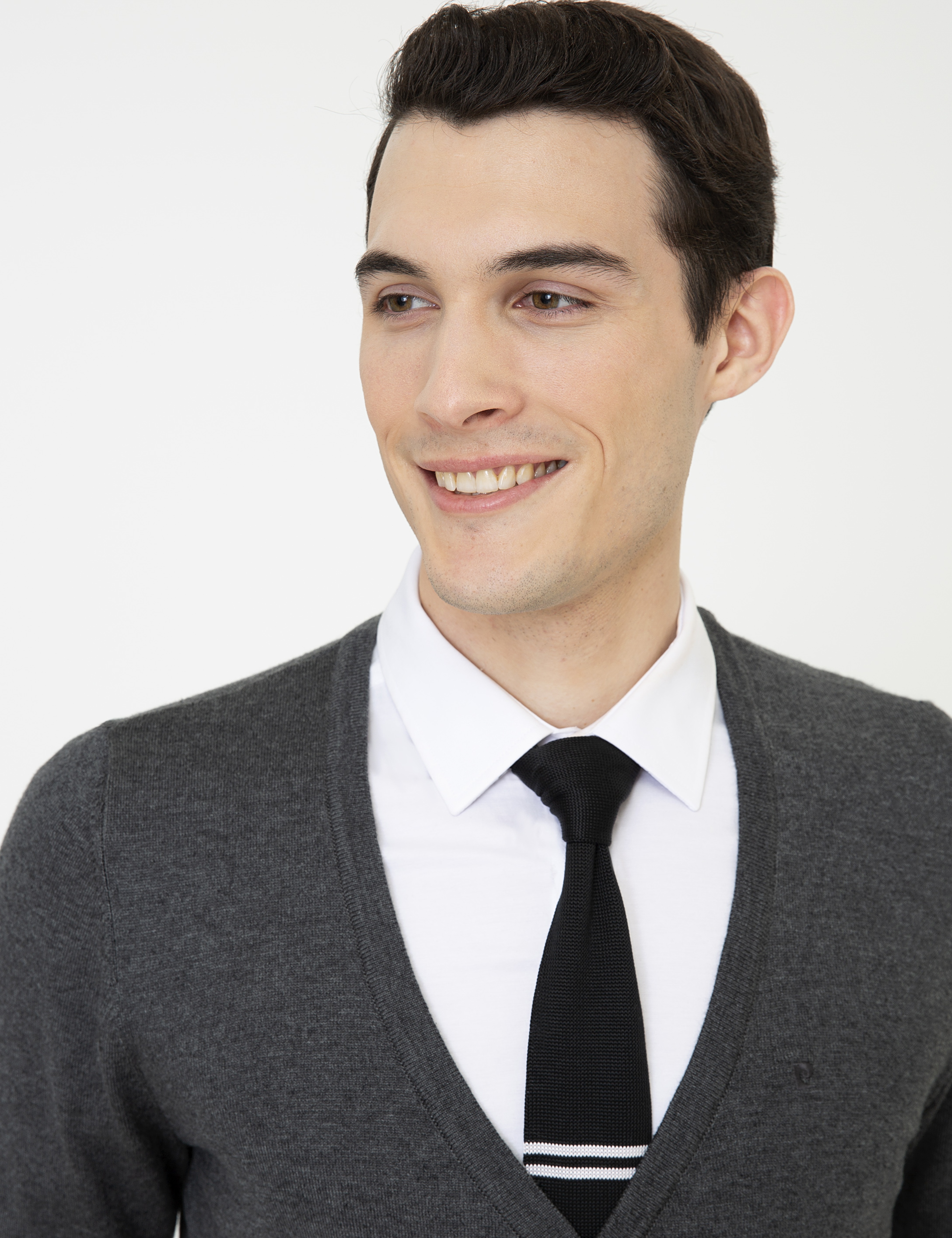Gri Melanj Slim Fit Basic Düğmeli Triko Hırka - Image 2