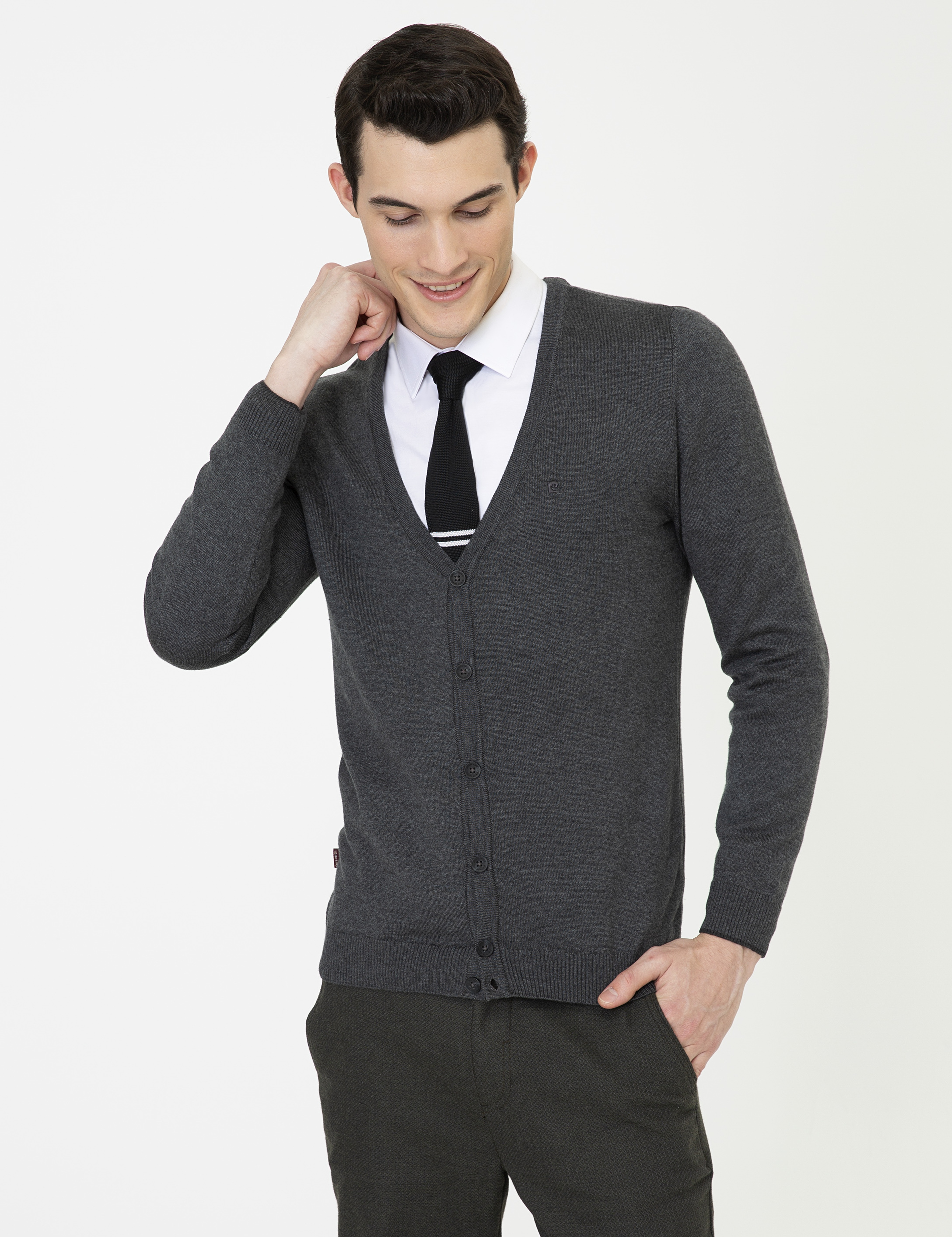 Gri Melanj Slim Fit Basic Düğmeli Triko Hırka - Image 1