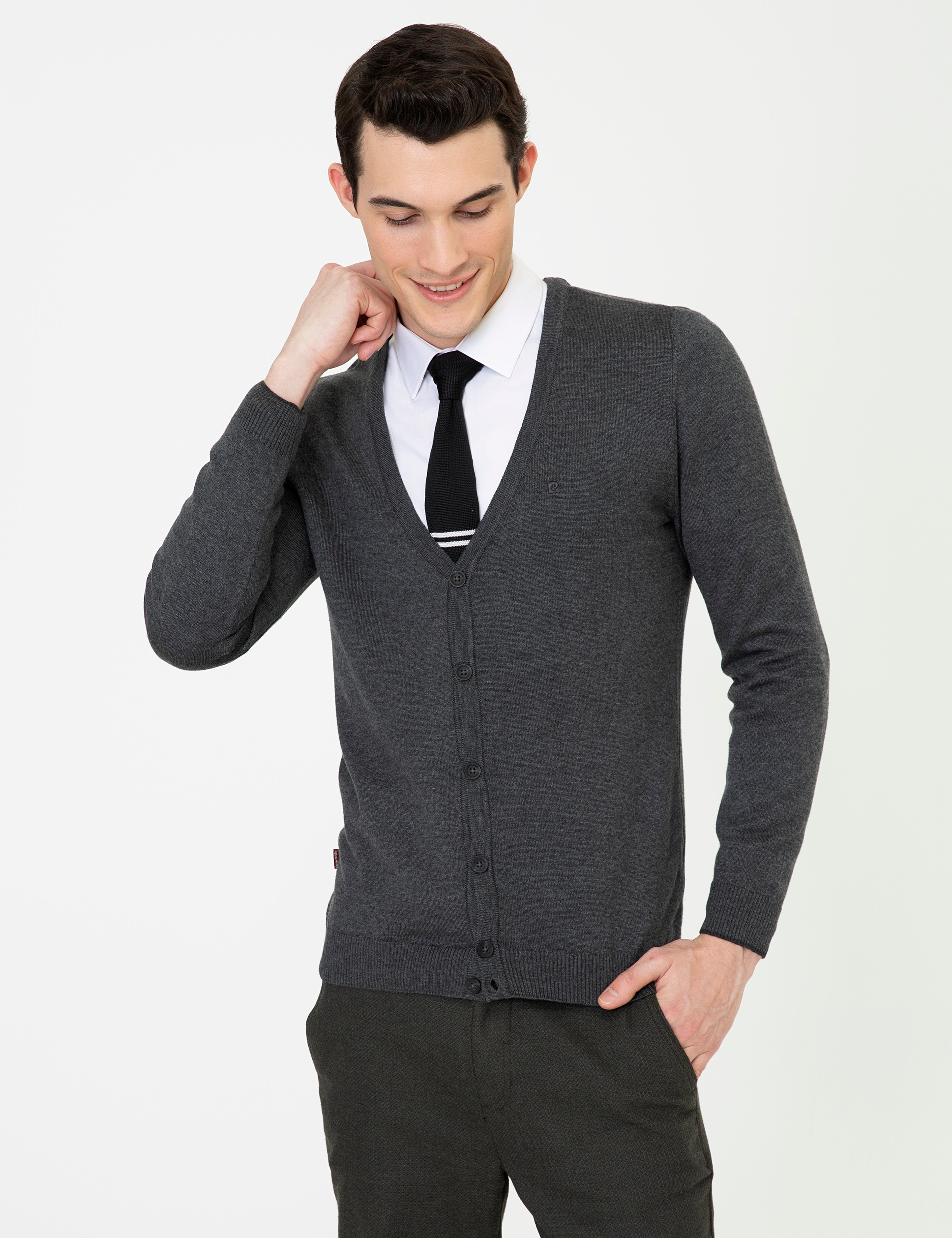 Gri Melanj Slim Fit Basic Düğmeli Triko Hırka