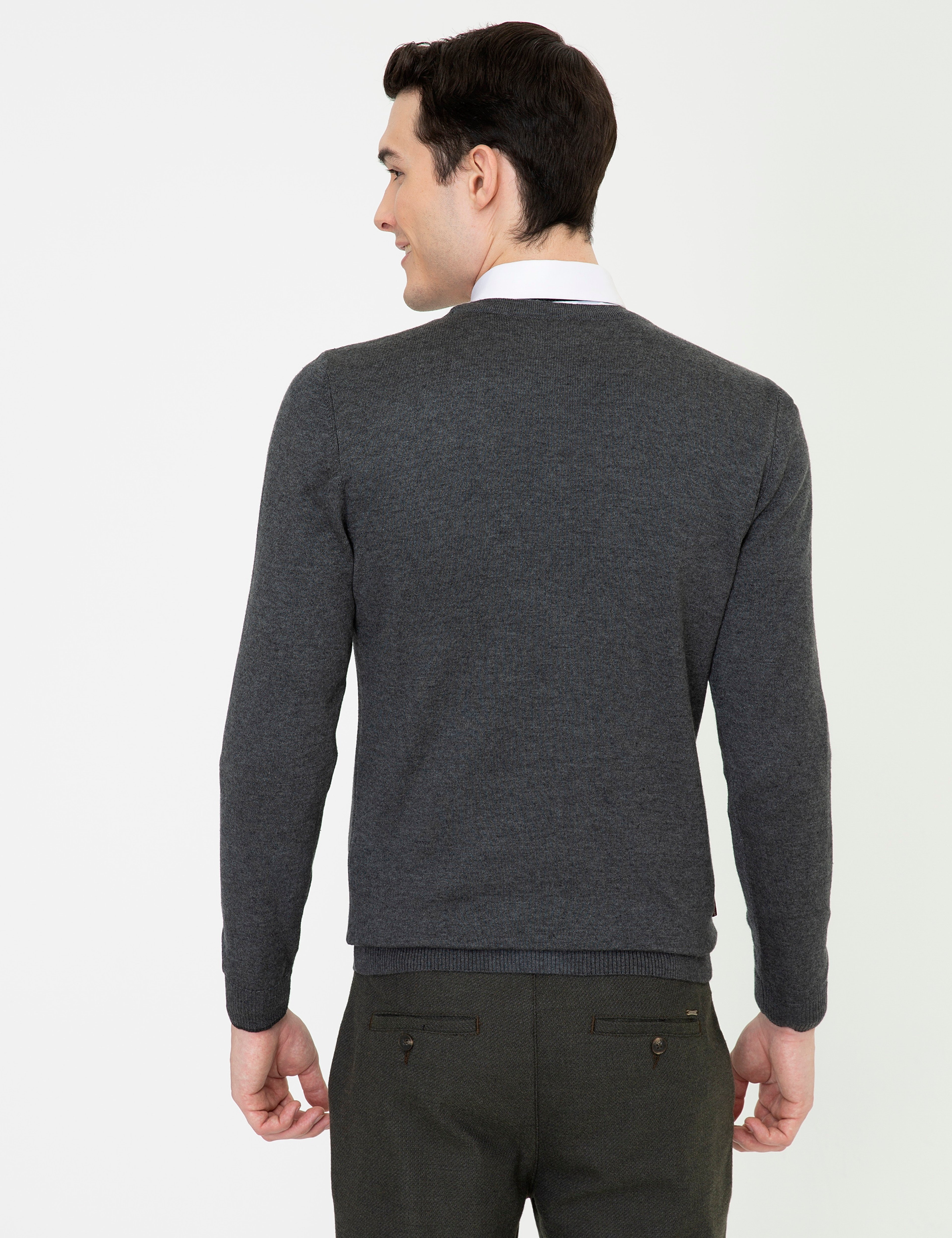 Gri Melanj Slim Fit Basic Düğmeli Triko Hırka