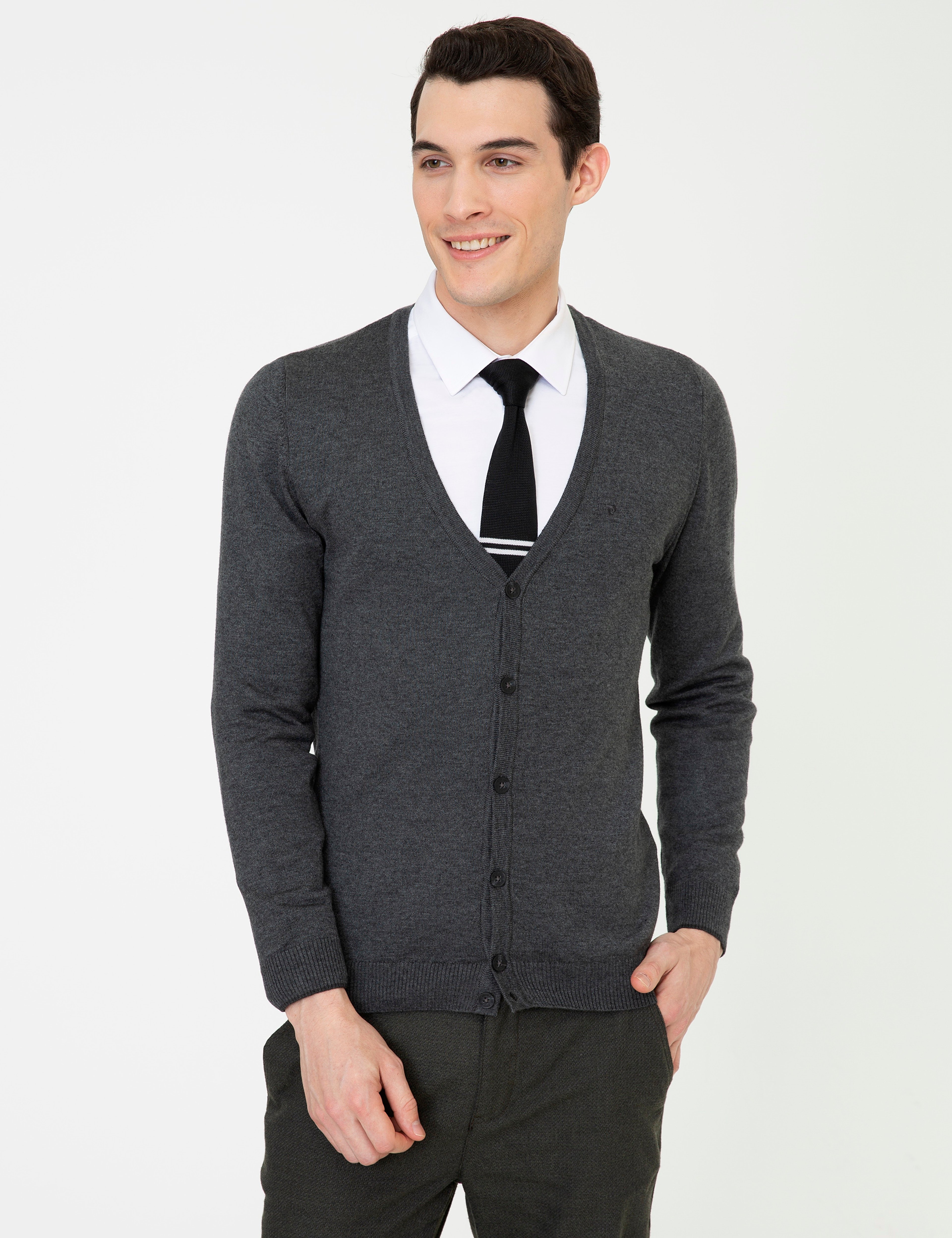 Gri Melanj Slim Fit Basic Düğmeli Triko Hırka