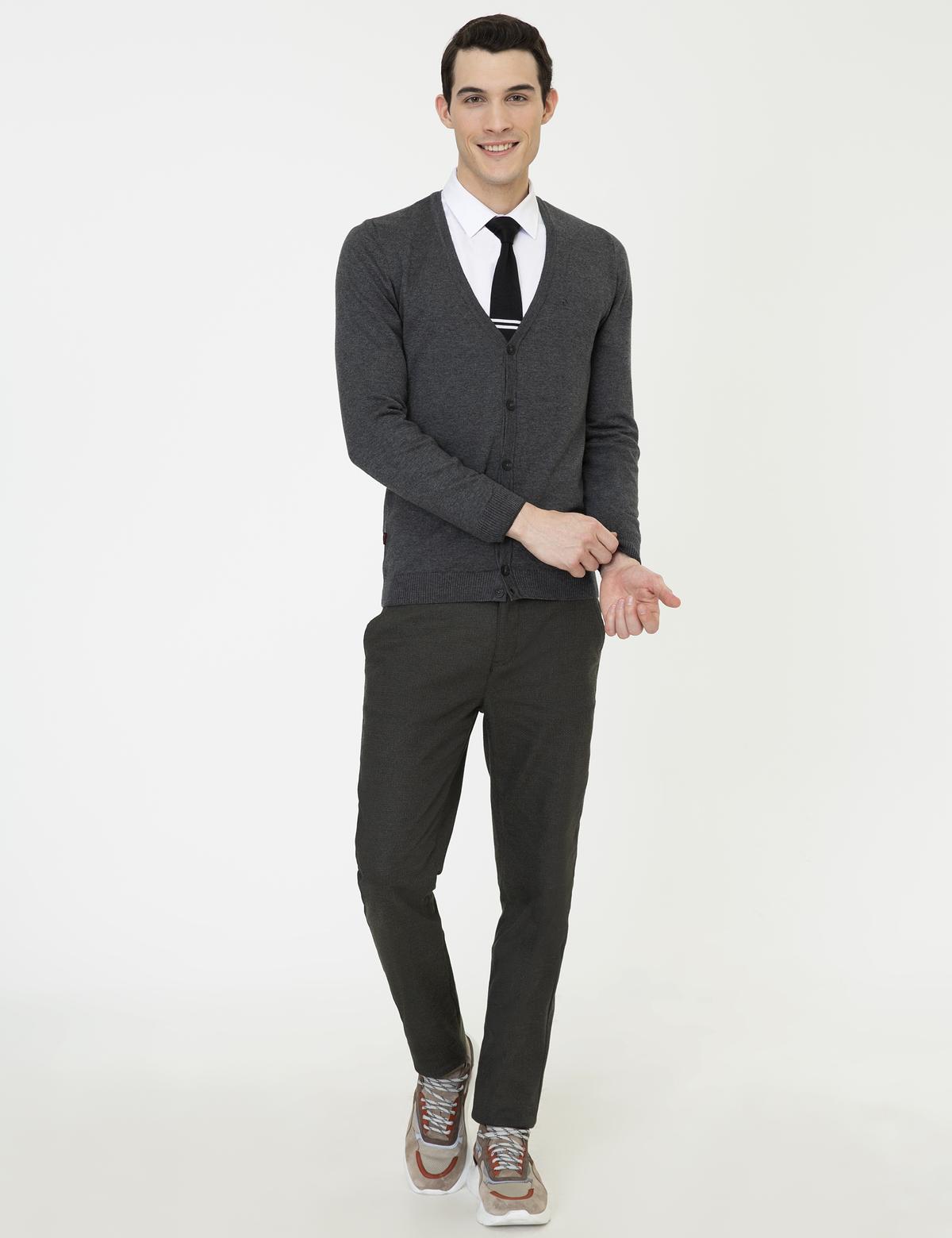 Gri Melanj Slim Fit Basic Triko Hırka - 50248549033