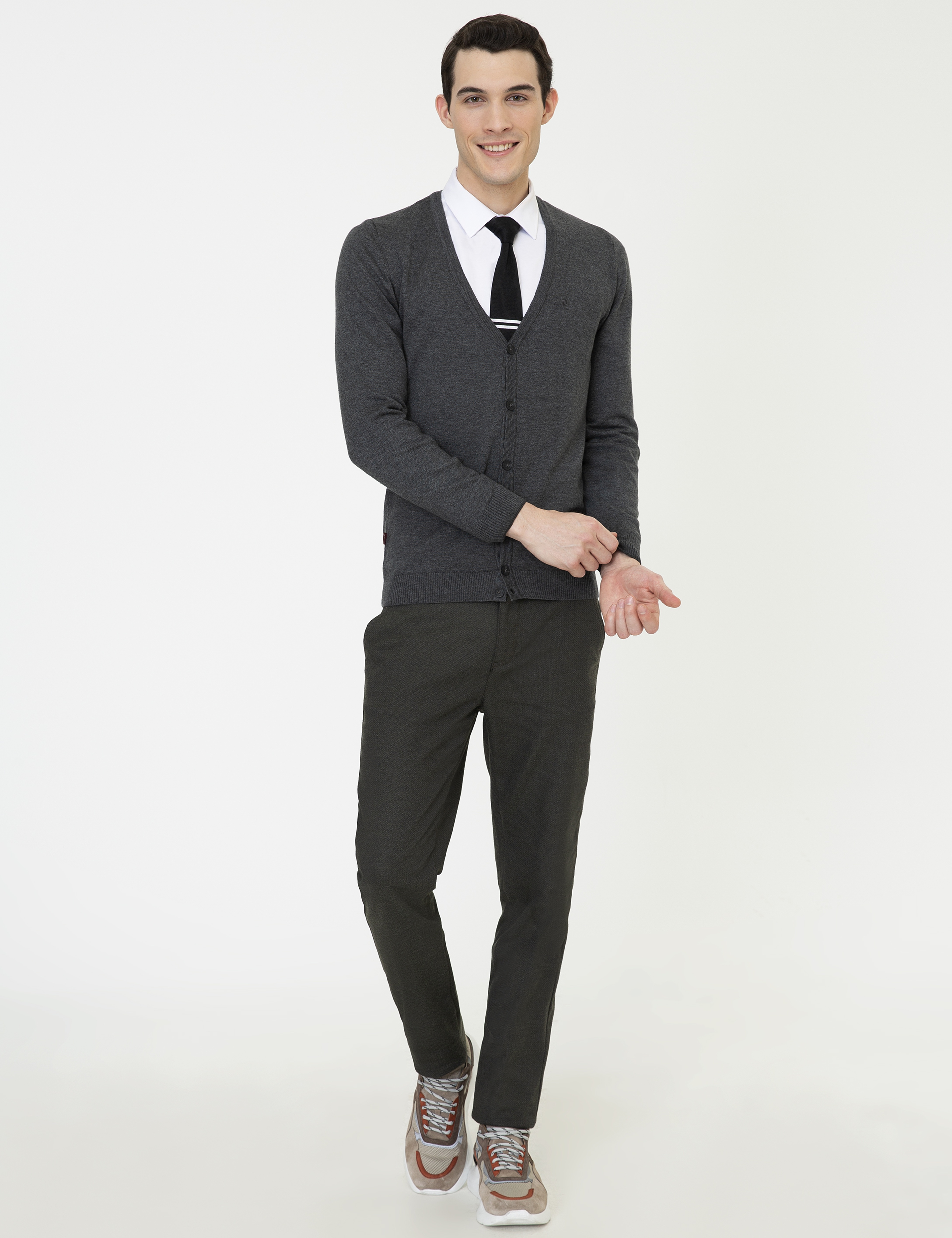 Gri Melanj Slim Fit Basic Düğmeli Triko Hırka - Image 5
