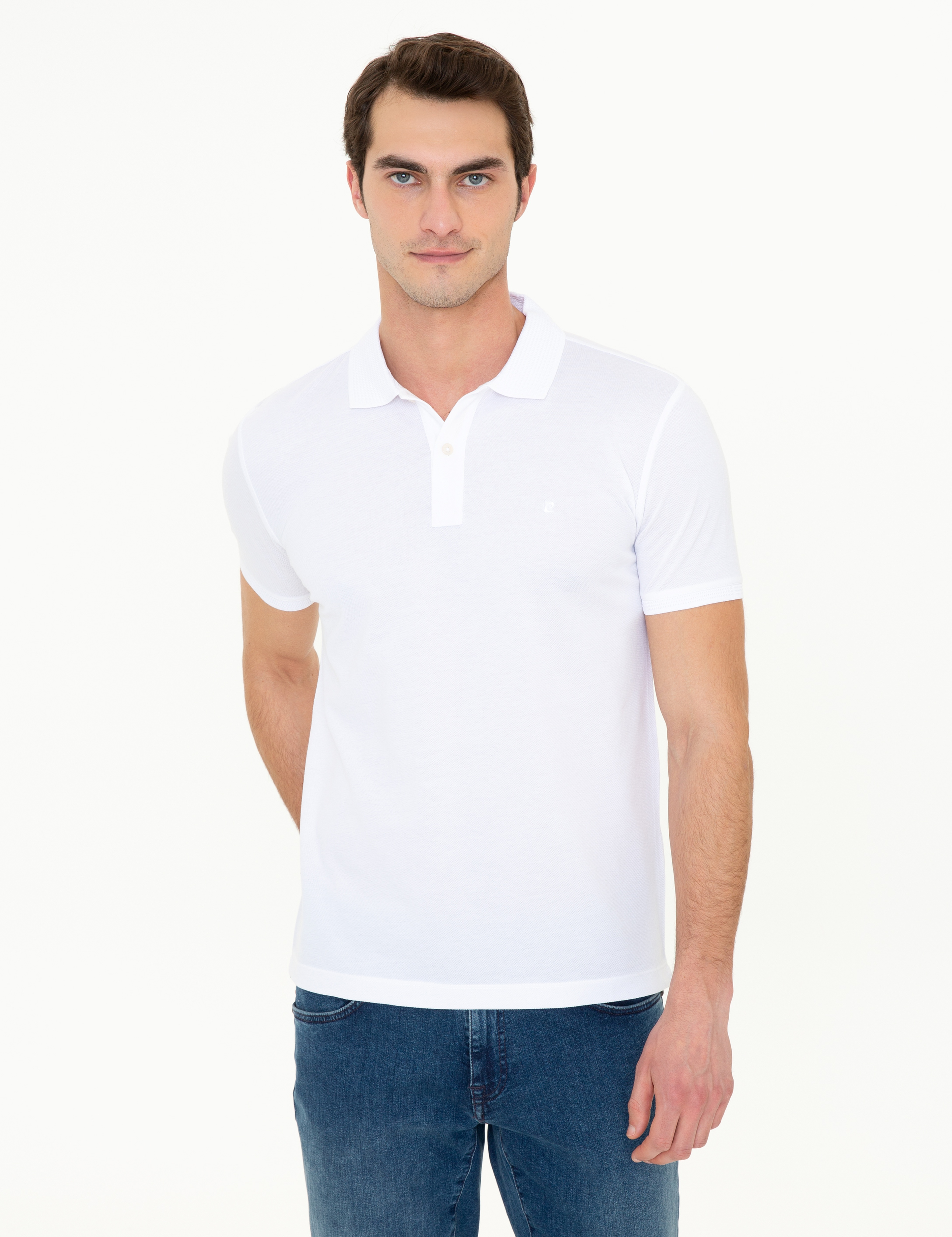 Beyaz Slim Fit Polo Yaka Merserize Tişört - Image 1